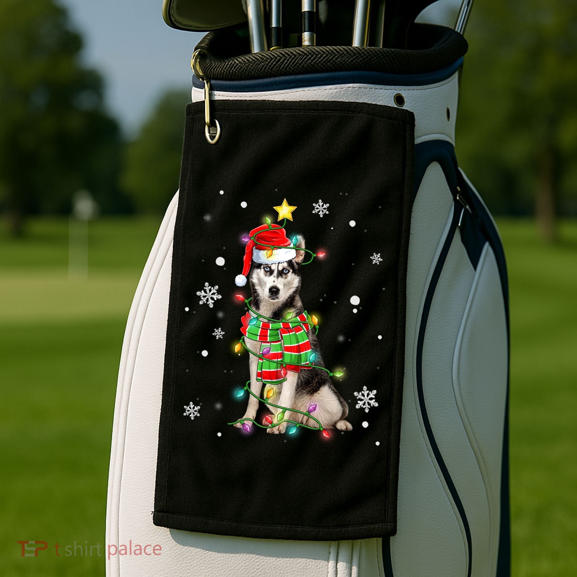 Cute Siberian Husky Dog Santa Christmas Tree Lights Xmas Gift Golf Towel