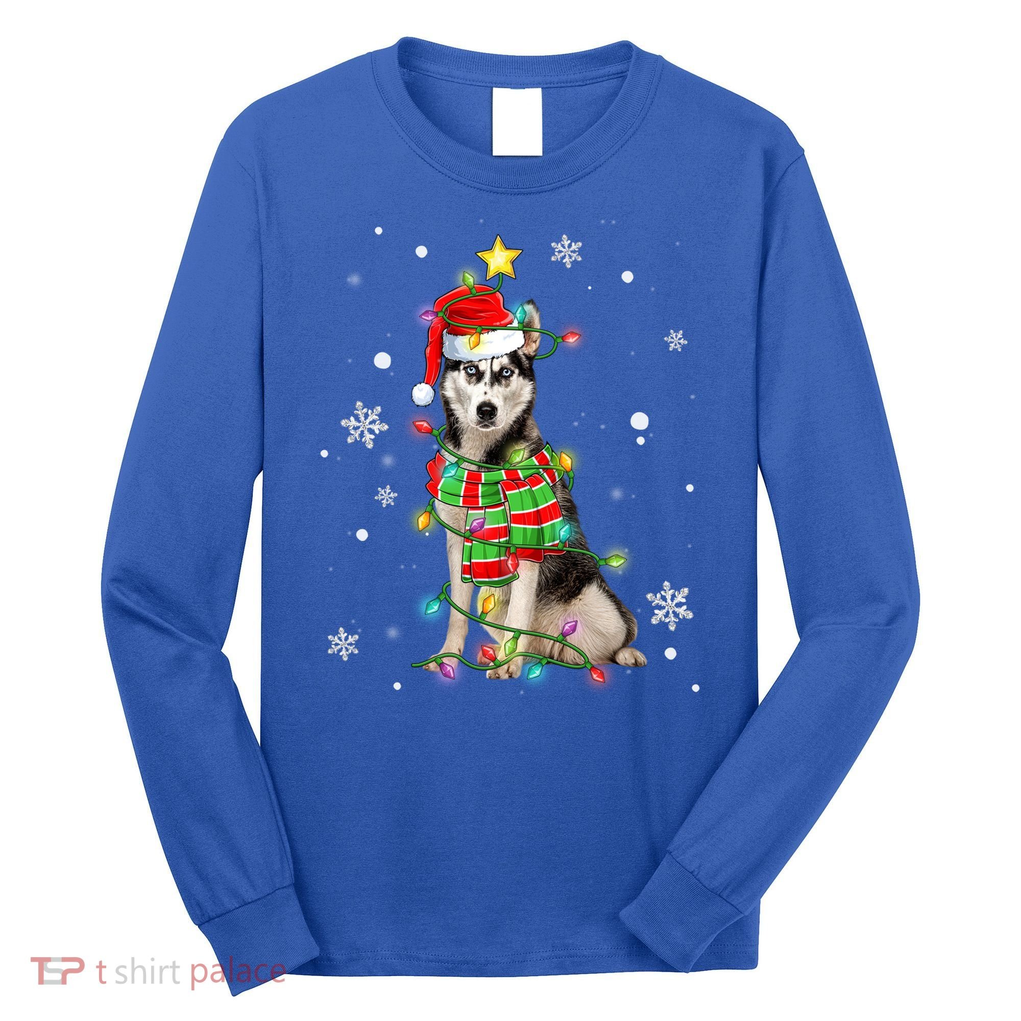 Cute Siberian Husky Dog Santa Christmas Tree Lights Xmas Gift Long Sleeve Shirt