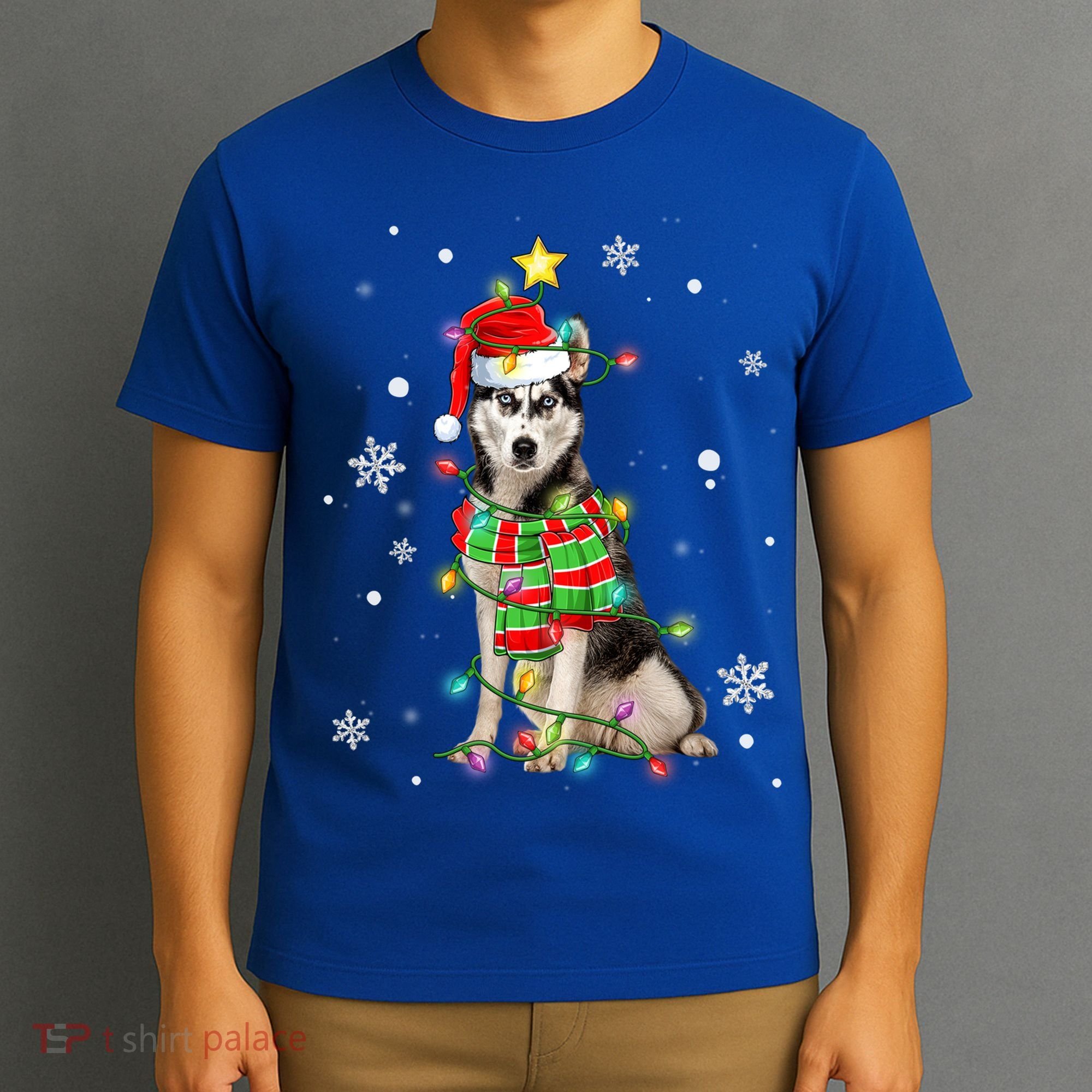Cute Siberian Husky Dog Santa Christmas Tree Lights Xmas Gift T-Shirt
