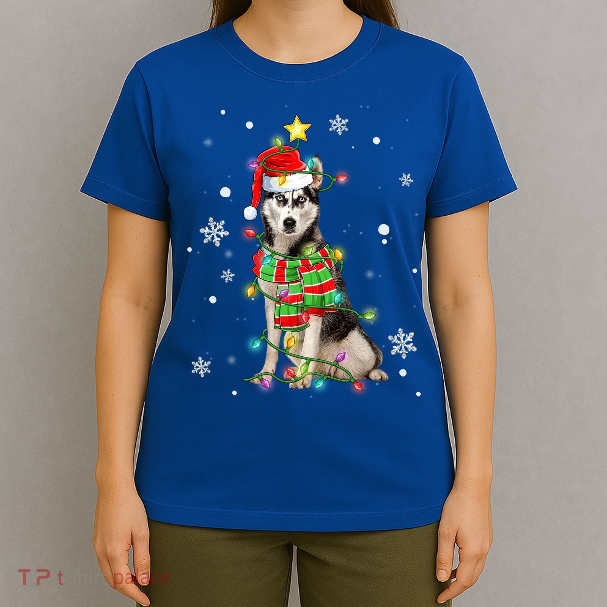 Cute Siberian Husky Dog Santa Christmas Tree Lights Xmas Gift T-Shirt