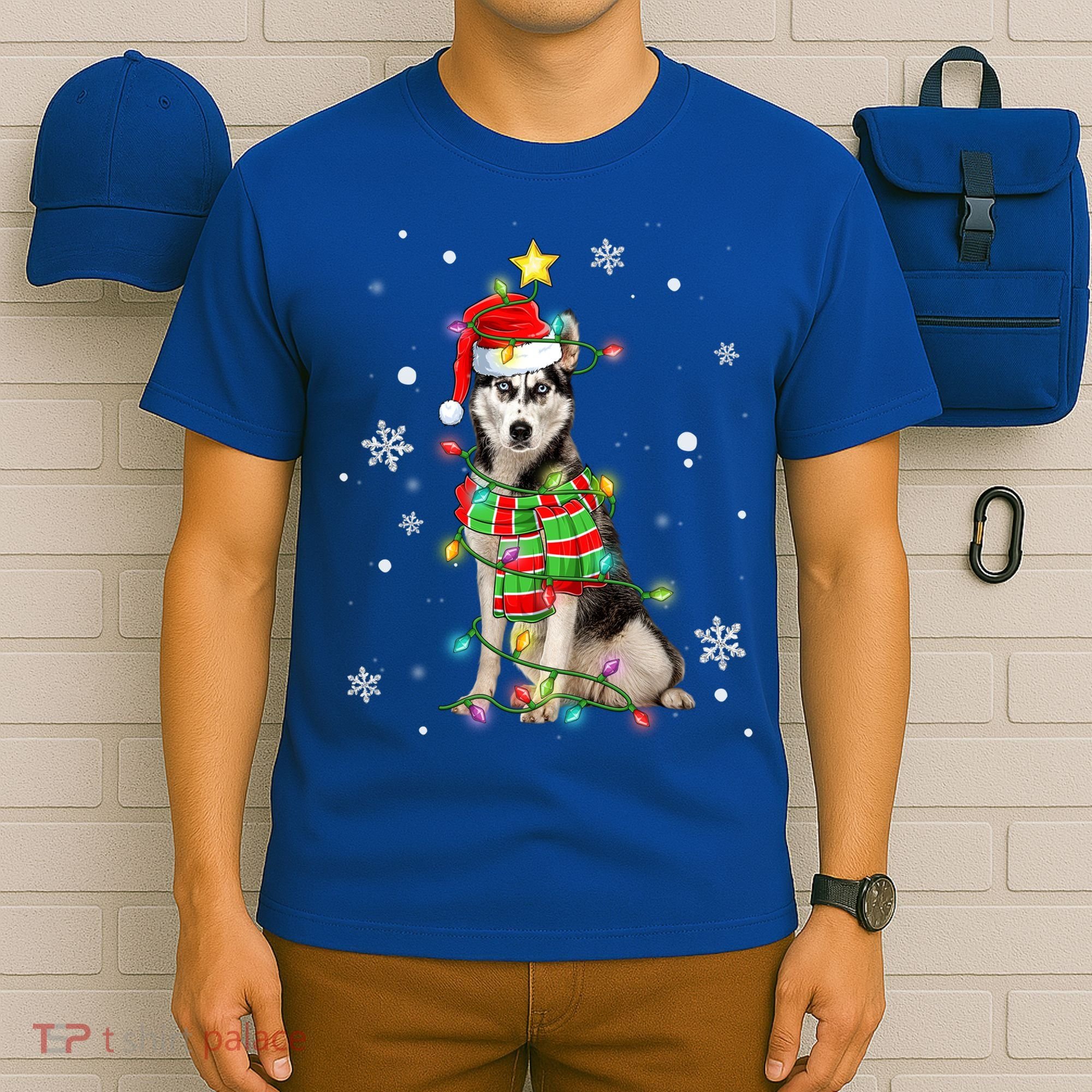 Cute Siberian Husky Dog Santa Christmas Tree Lights Xmas Gift T-Shirt