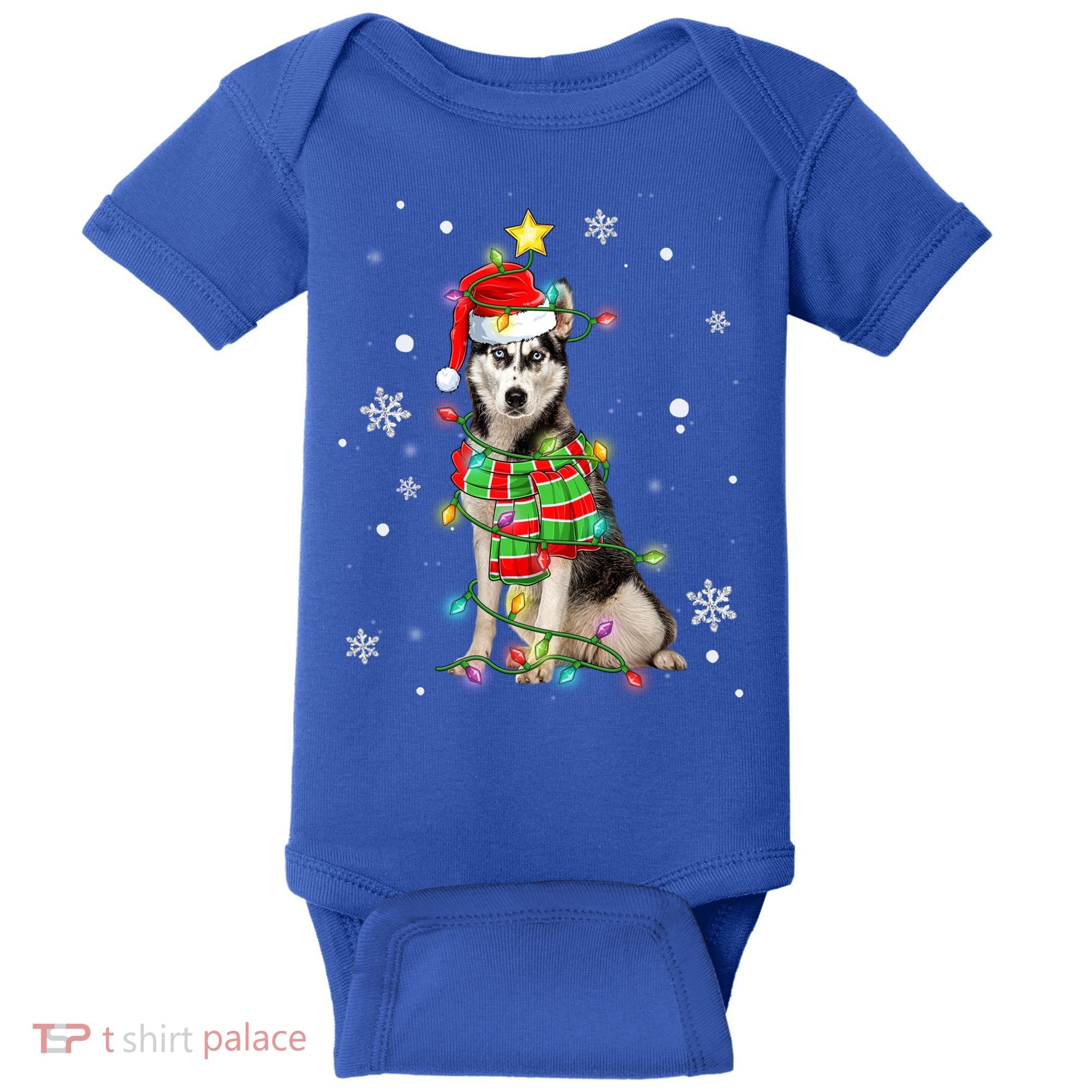 Cute Siberian Husky Dog Santa Christmas Tree Lights Xmas Gift Baby Bodysuit