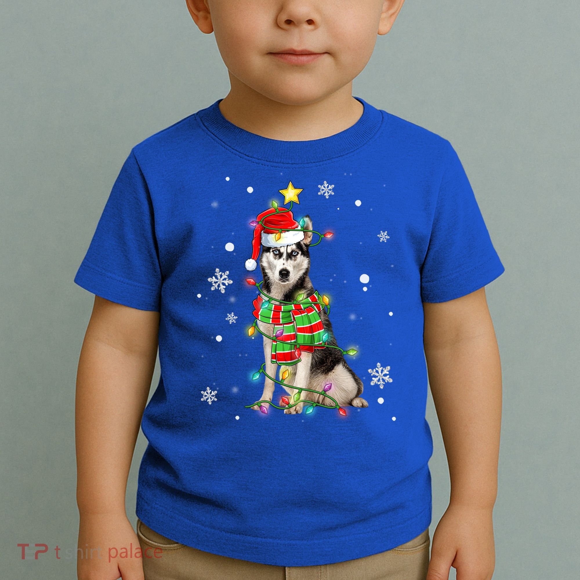Cute Siberian Husky Dog Santa Christmas Tree Lights Xmas Gift Toddler T-Shirt