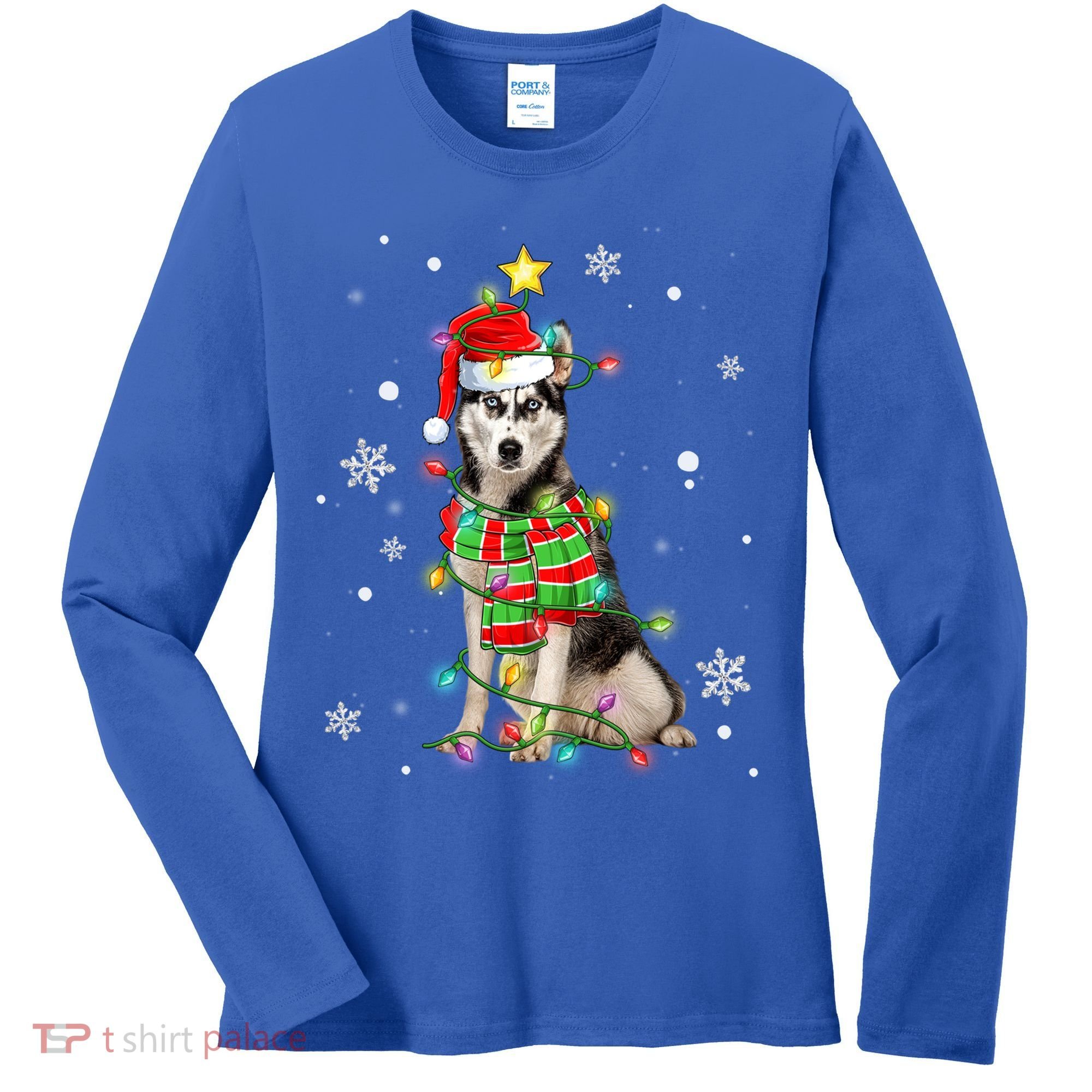 Cute Siberian Husky Dog Santa Christmas Tree Lights Xmas Gift Women's Long Sleeve Shirt