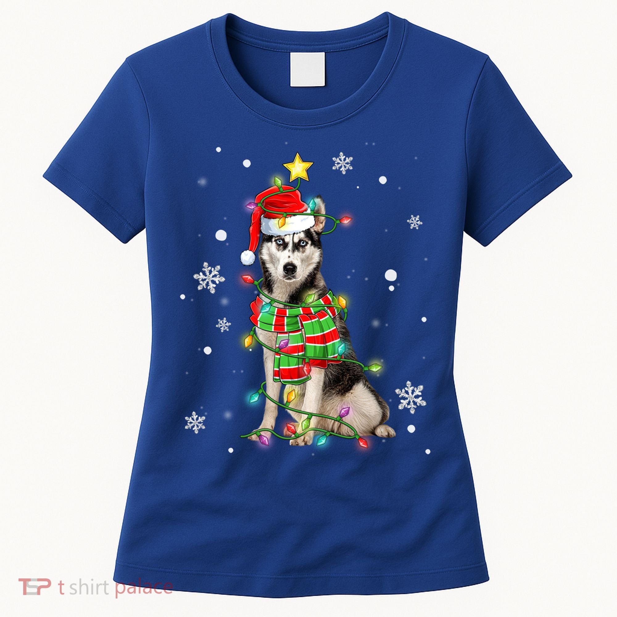 Cute Siberian Husky Dog Santa Christmas Tree Lights Xmas Gift Women's T-Shirt