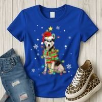 Cute Siberian Husky Dog Santa Christmas Tree Lights Xmas Gift Women's T-Shirt thumb 3