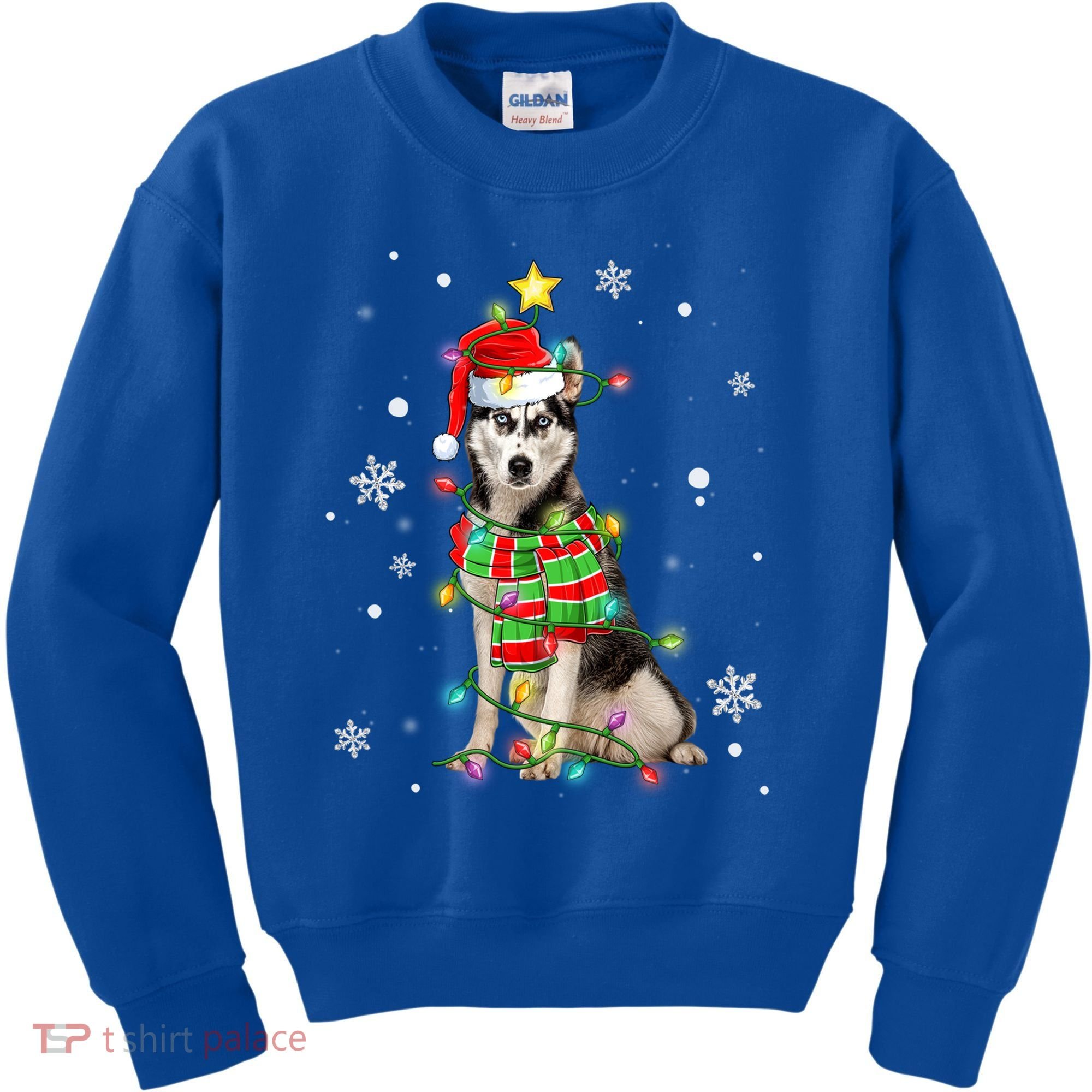 Cute Siberian Husky Dog Santa Christmas Tree Lights Xmas Gift Kids Sweatshirt