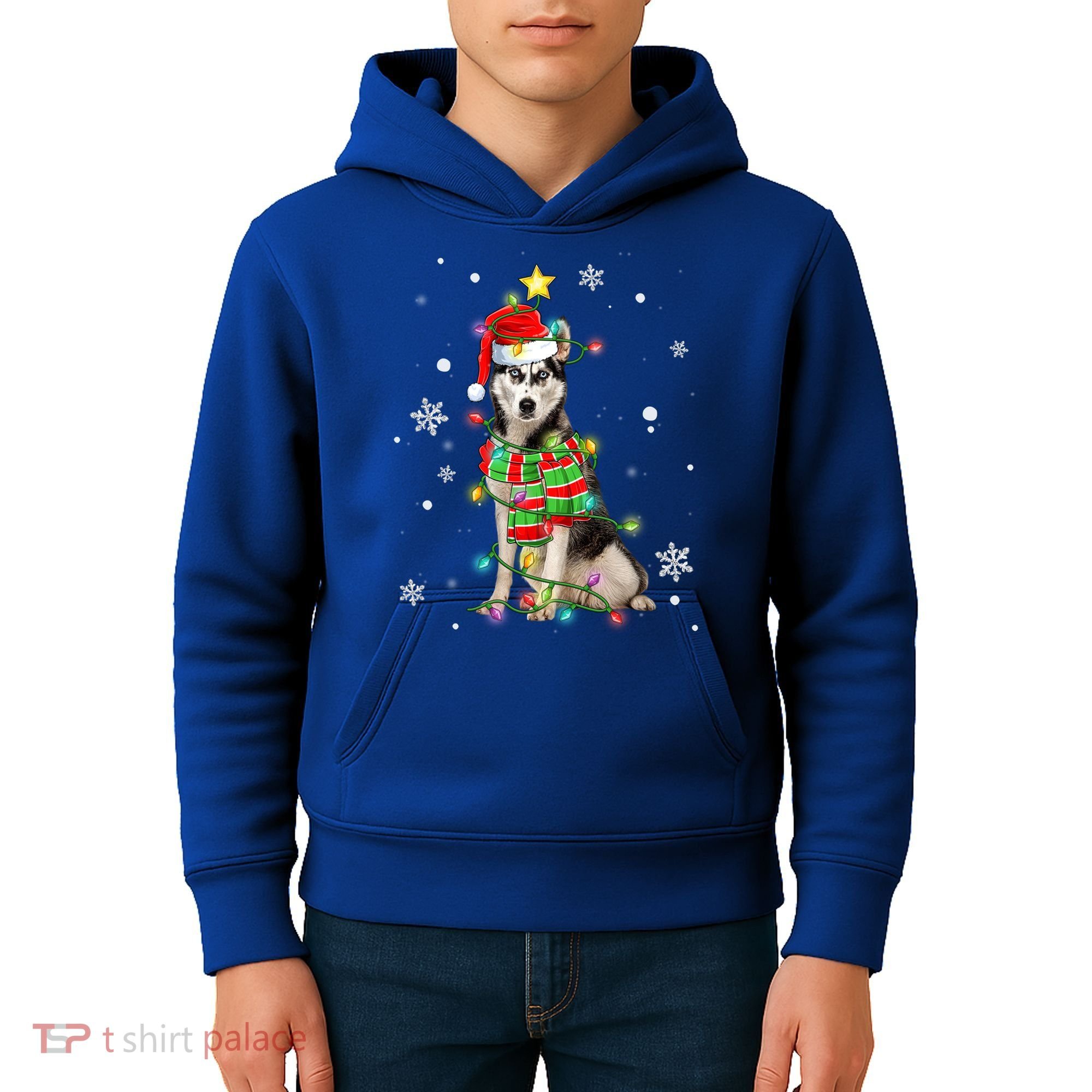 Cute Siberian Husky Dog Santa Christmas Tree Lights Xmas Gift Kids Hoodie
