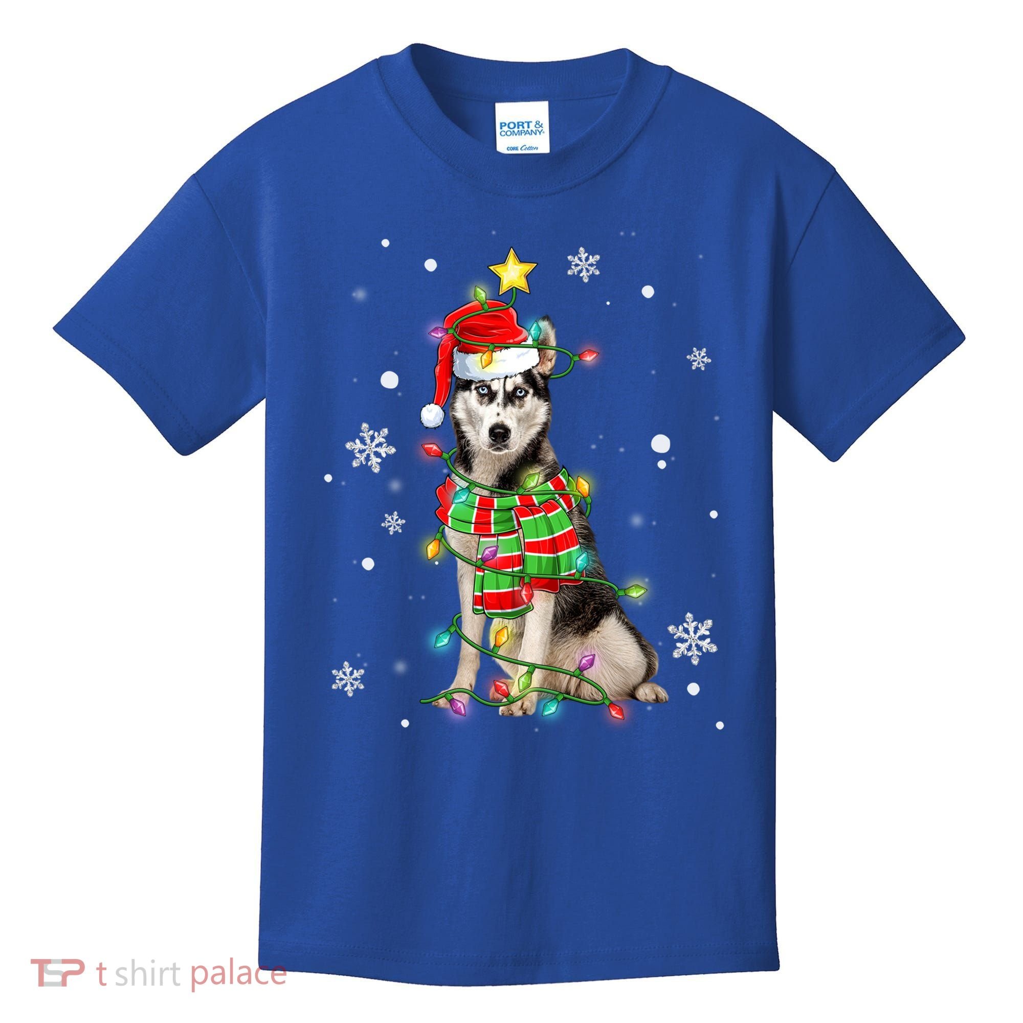 Cute Siberian Husky Dog Santa Christmas Tree Lights Xmas Gift Kids T-Shirt
