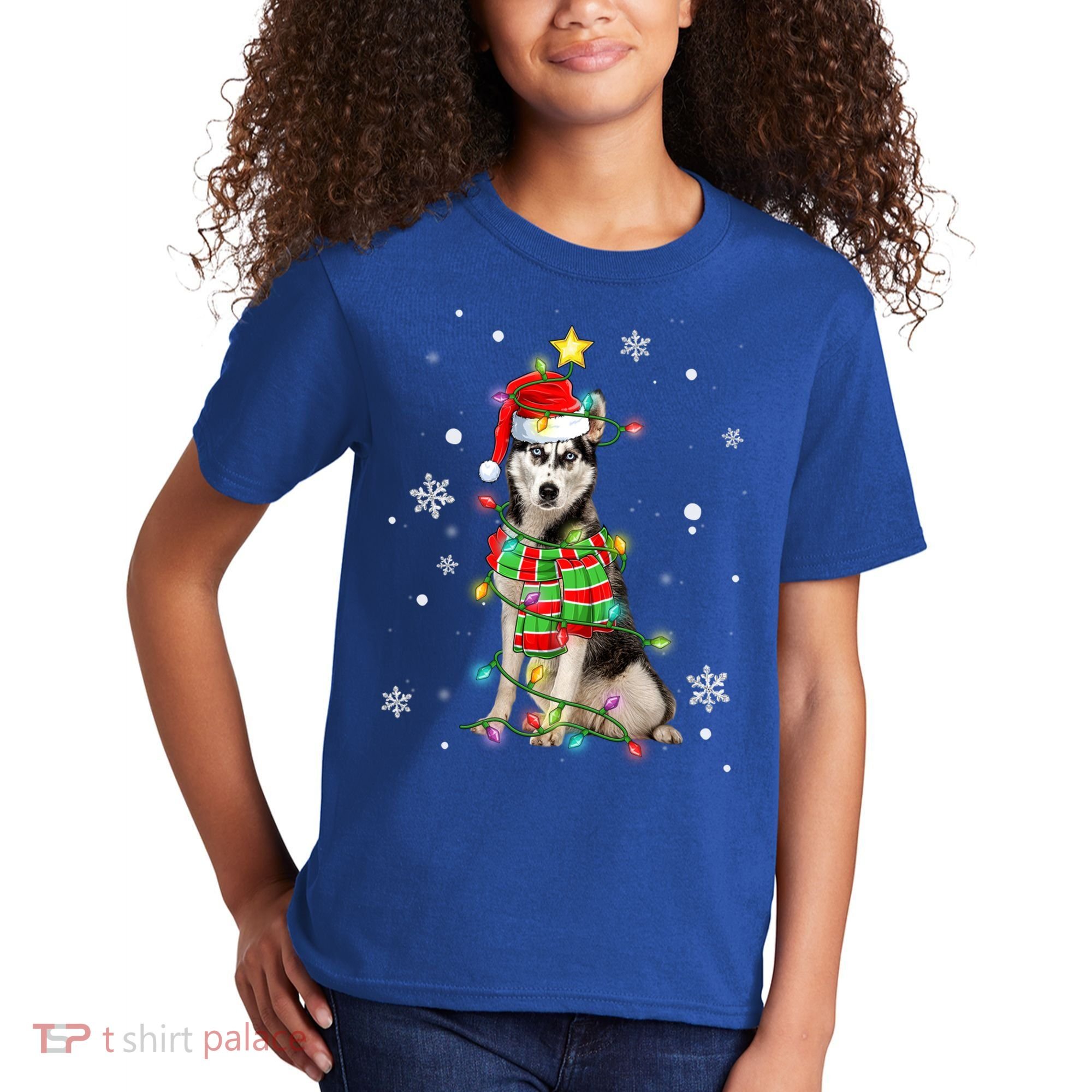 Cute Siberian Husky Dog Santa Christmas Tree Lights Xmas Gift Kids T-Shirt