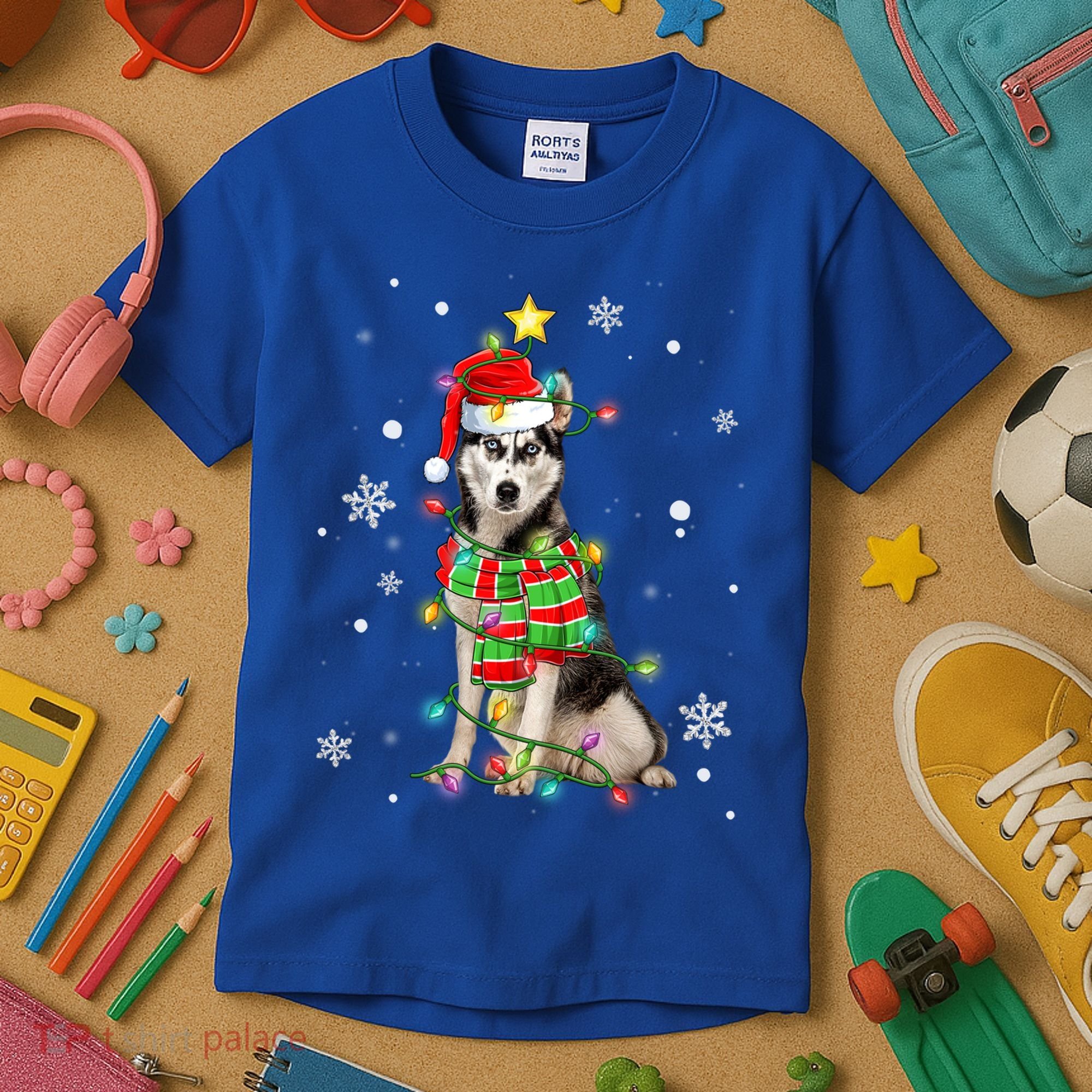 Cute Siberian Husky Dog Santa Christmas Tree Lights Xmas Gift Kids T-Shirt