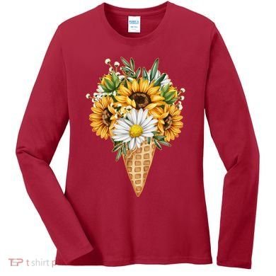 Cute Sunflowers In Ice Cream Cone Women's Long Sleeve Shirt