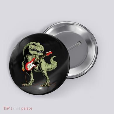Cool Sarcastic Illustration TRex Dinosaur Playing Guitar Button