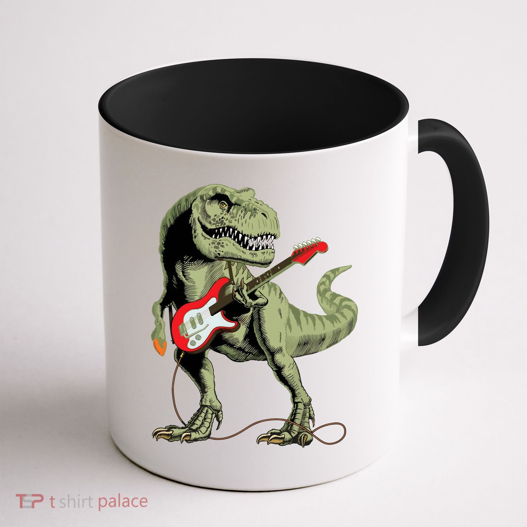 Cool Sarcastic Illustration TRex Dinosaur Playing Guitar Coffee Mug
