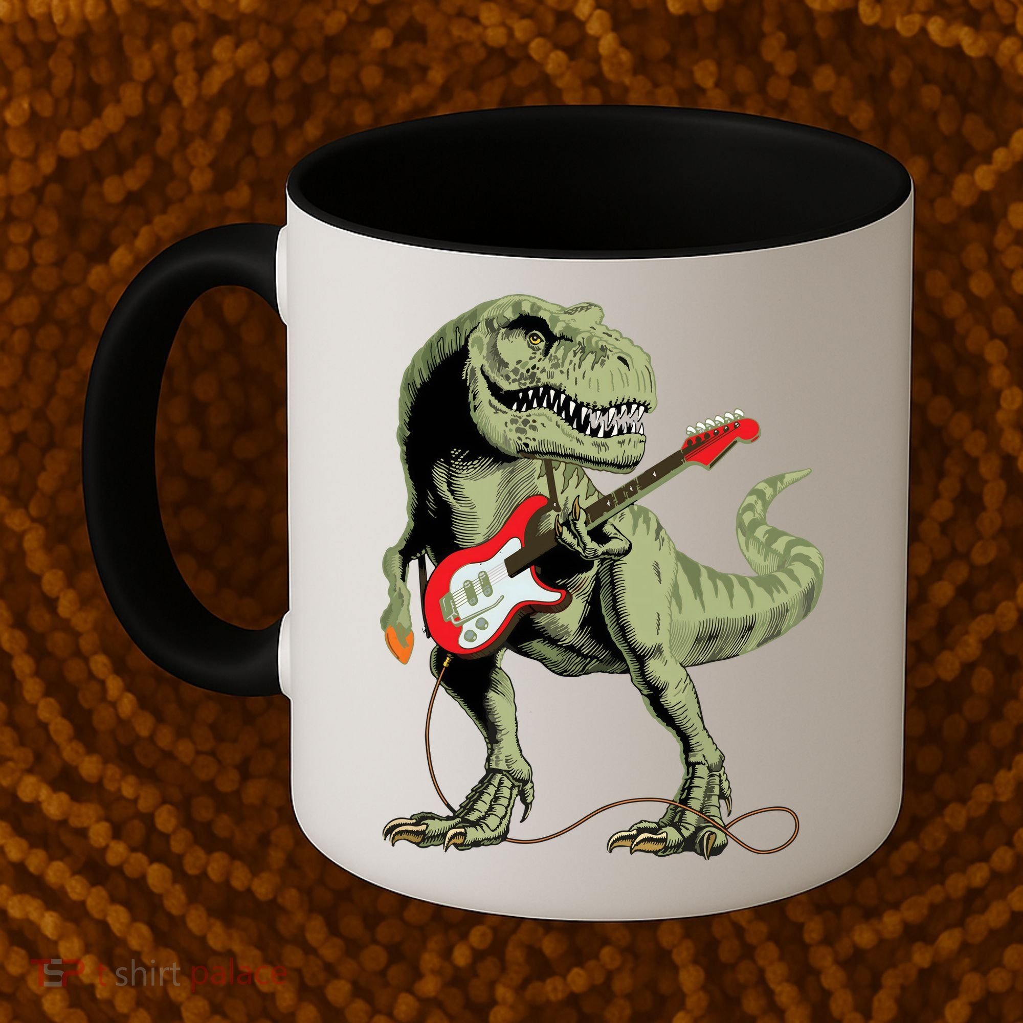 Cool Sarcastic Illustration TRex Dinosaur Playing Guitar Coffee Mug