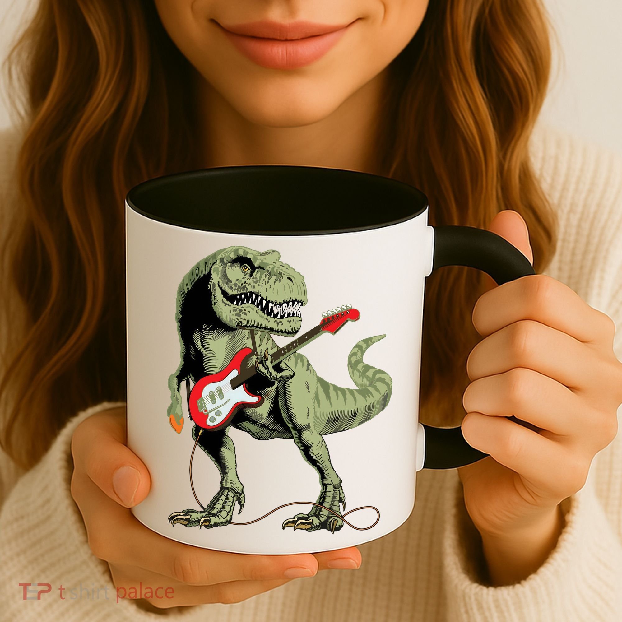 Cool Sarcastic Illustration TRex Dinosaur Playing Guitar Coffee Mug