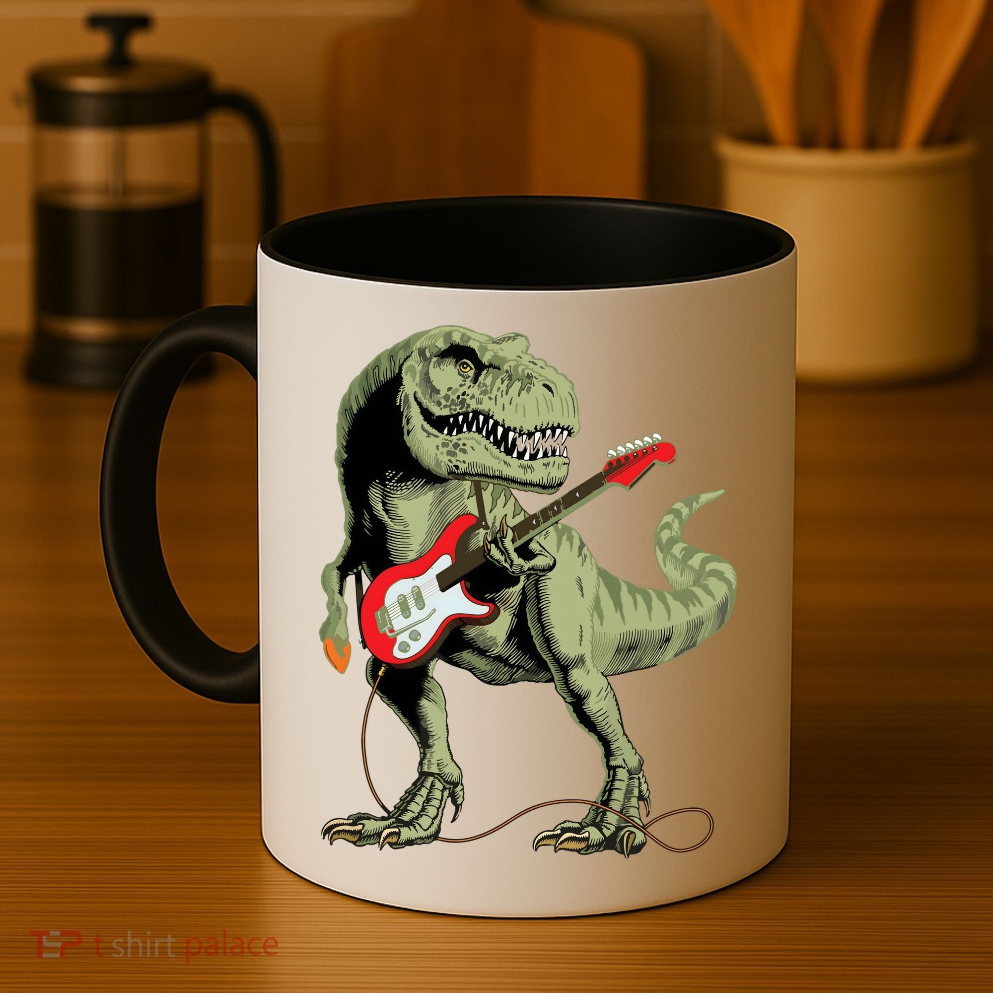 Cool Sarcastic Illustration TRex Dinosaur Playing Guitar Coffee Mug