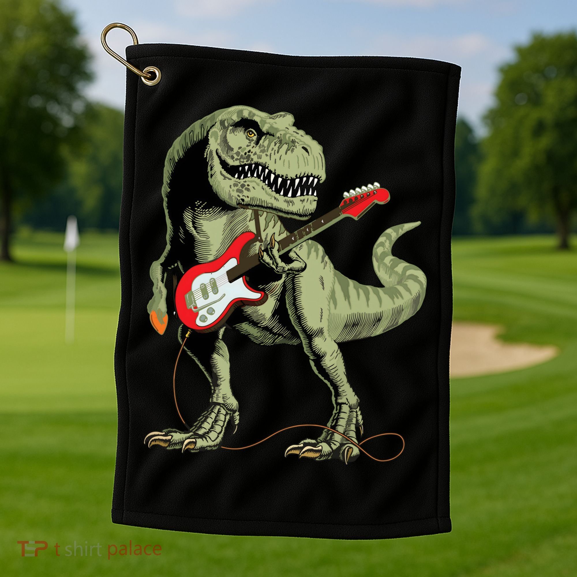 Cool Sarcastic Illustration TRex Dinosaur Playing Guitar Golf Towel