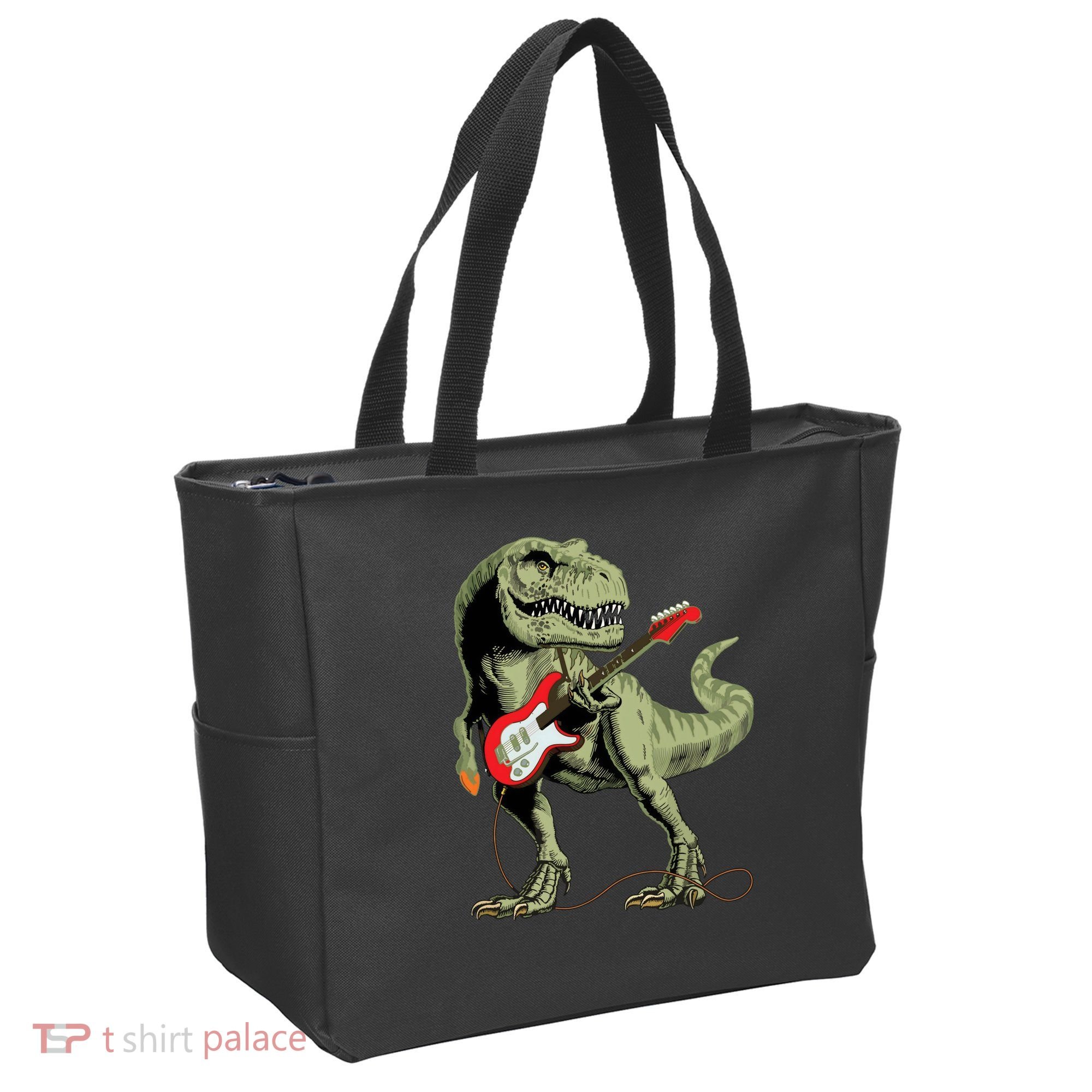 Cool Sarcastic Illustration TRex Dinosaur Playing Guitar Tote Bag