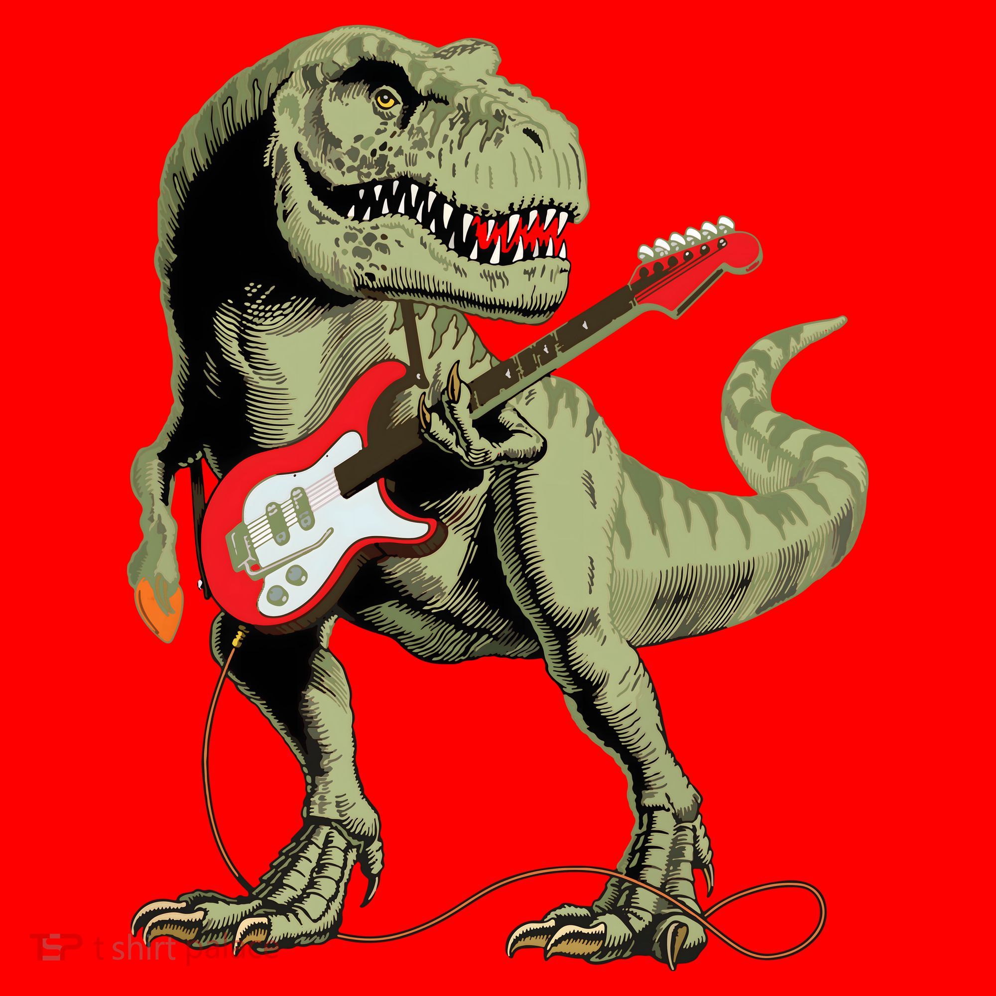Cool Sarcastic Illustration TRex Dinosaur Playing Guitar Santa Hat