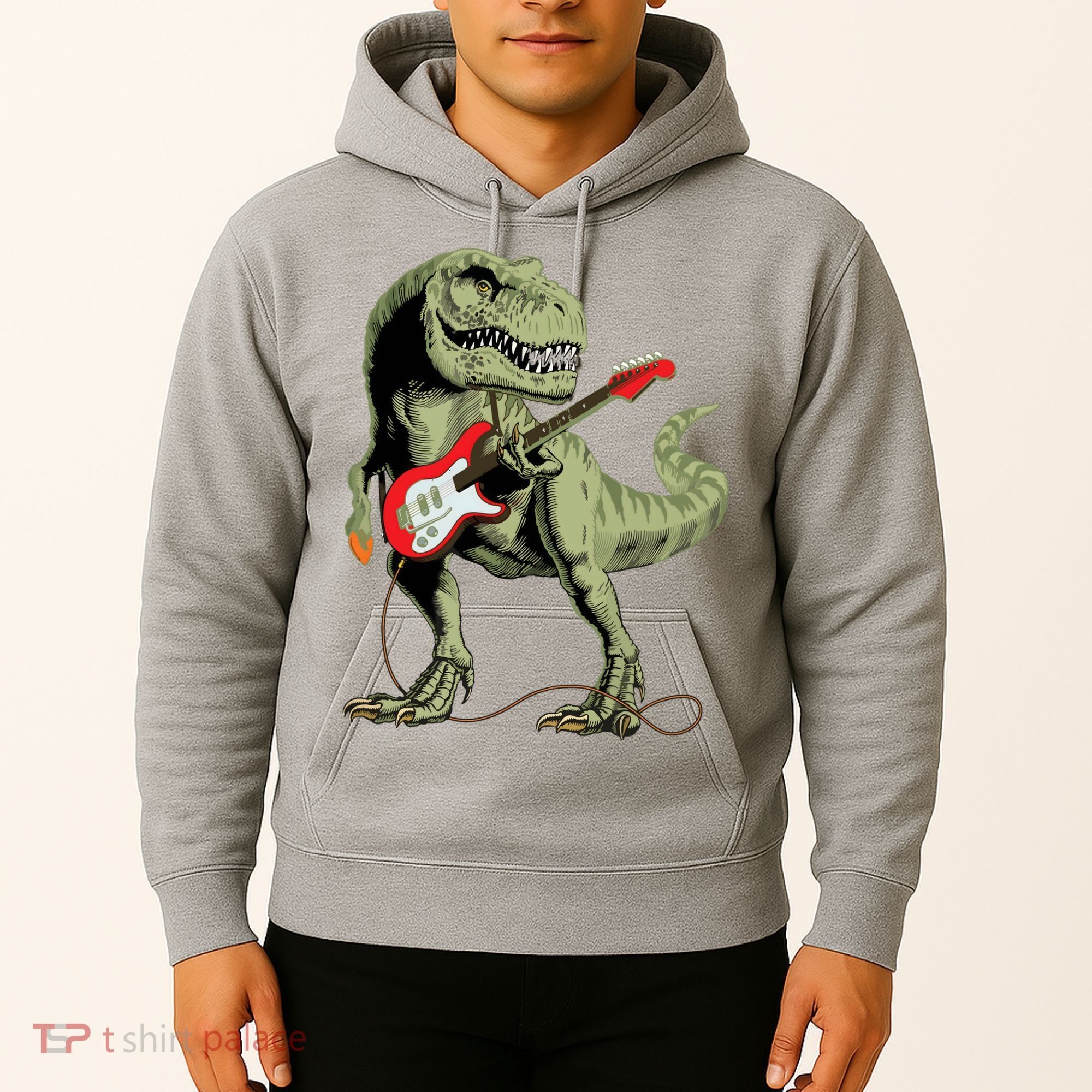 Cool Sarcastic Illustration TRex Dinosaur Playing Guitar Hoodie
