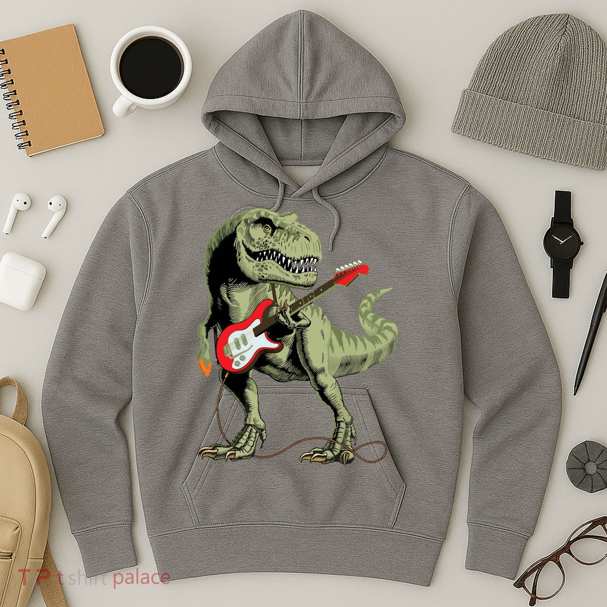 Cool Sarcastic Illustration TRex Dinosaur Playing Guitar Hoodie