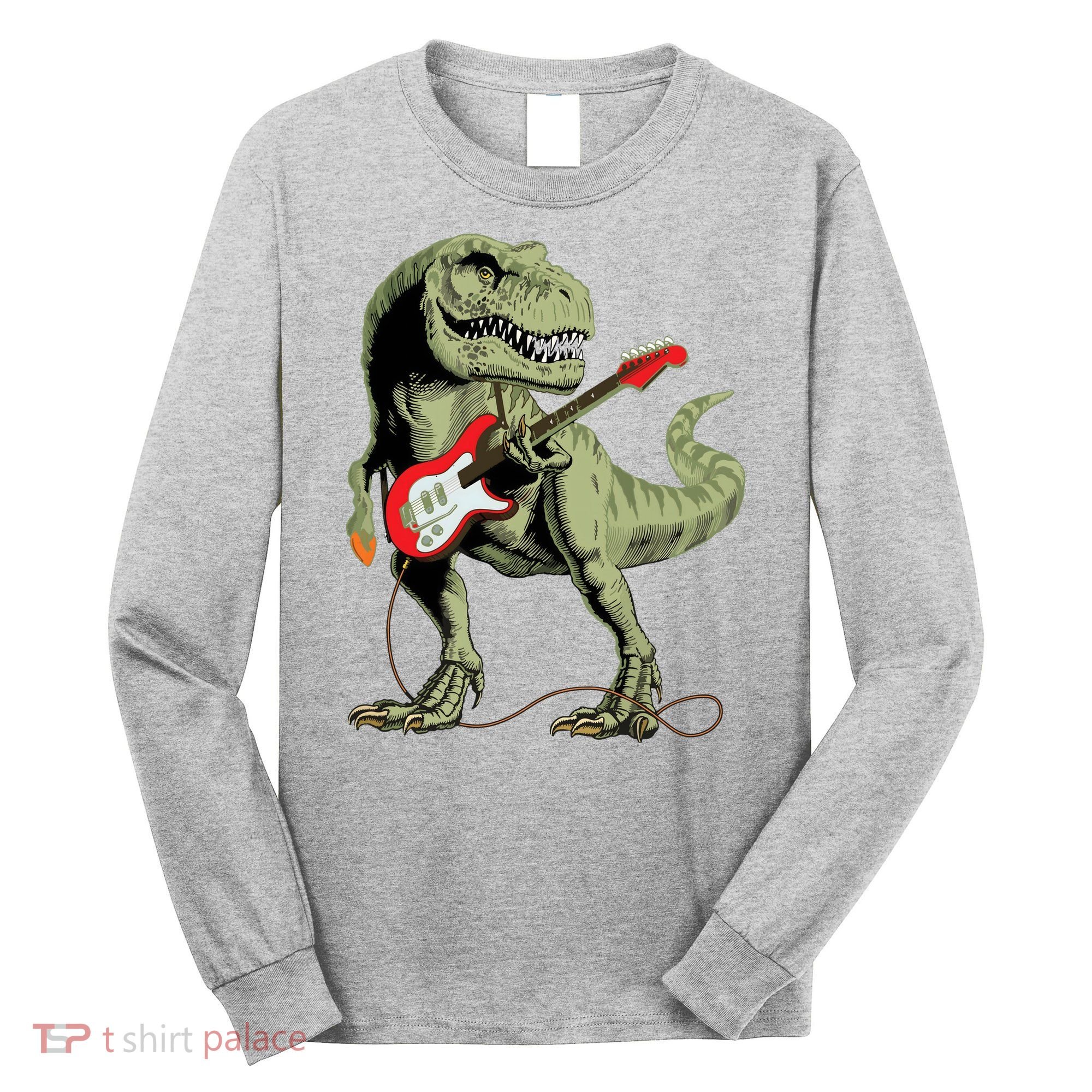 Cool Sarcastic Illustration TRex Dinosaur Playing Guitar Long Sleeve Shirt