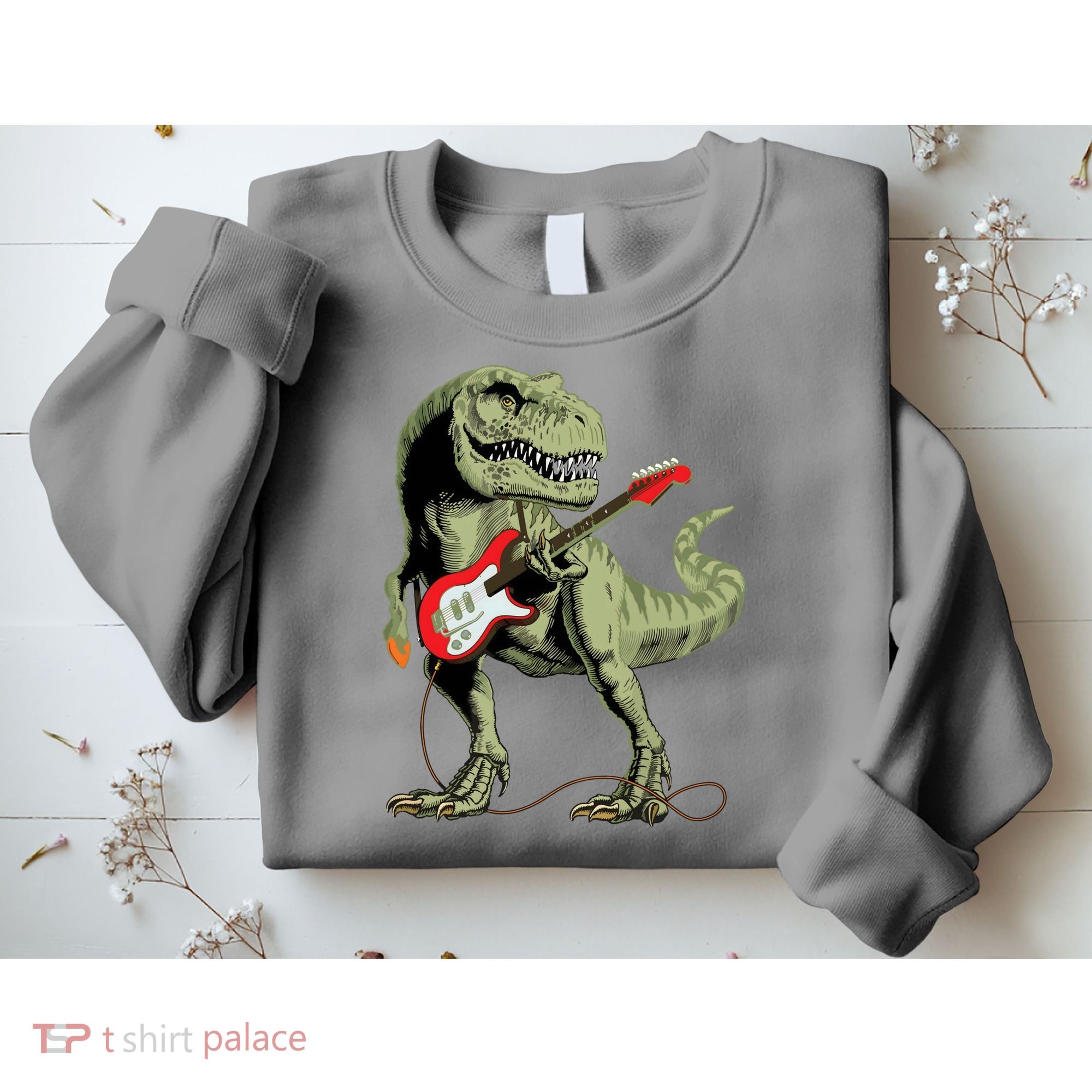 Cool Sarcastic Illustration TRex Dinosaur Playing Guitar Sweatshirt