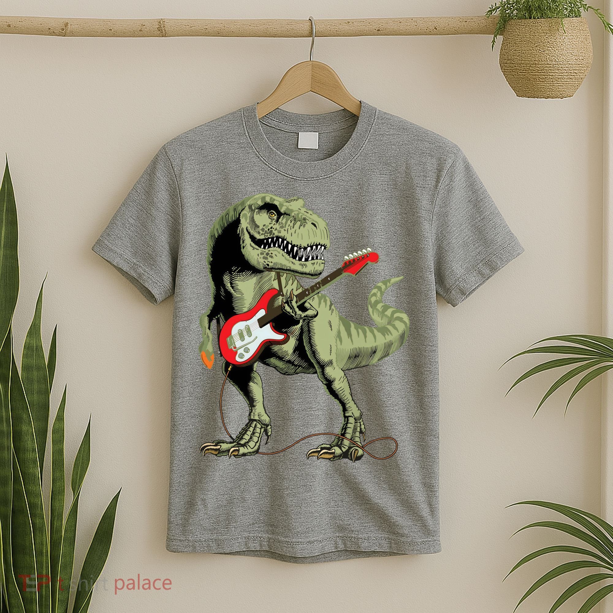 Cool Sarcastic Illustration TRex Dinosaur Playing Guitar T-Shirt