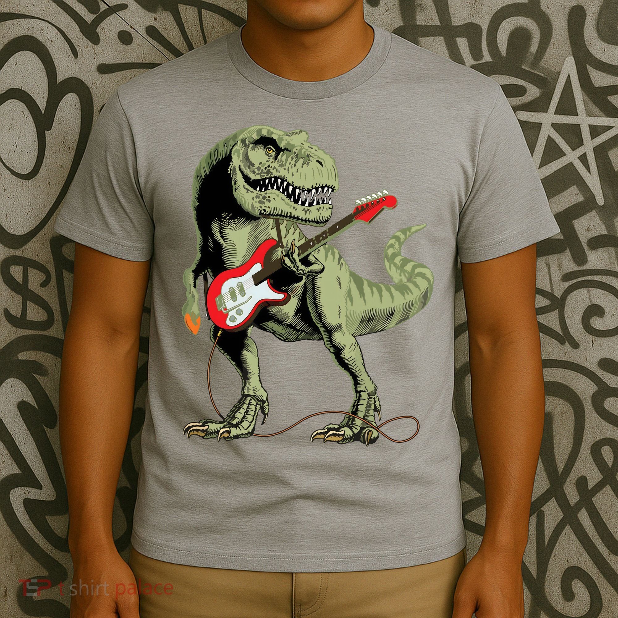 Cool Sarcastic Illustration TRex Dinosaur Playing Guitar T-Shirt