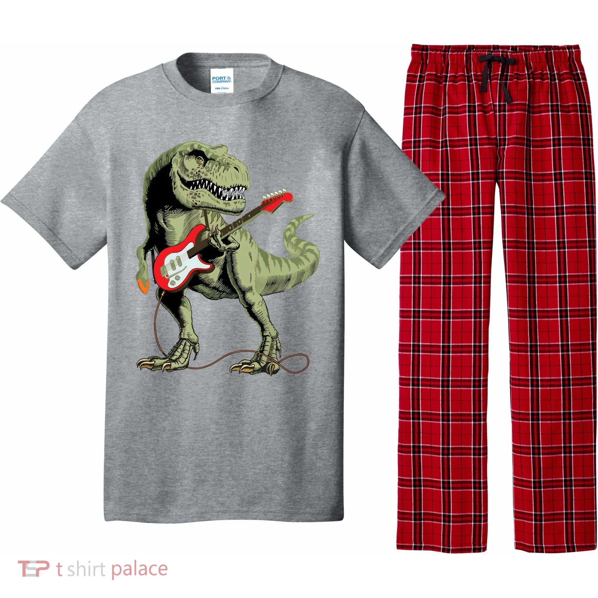 Cool Sarcastic Illustration TRex Dinosaur Playing Guitar Pajama Set