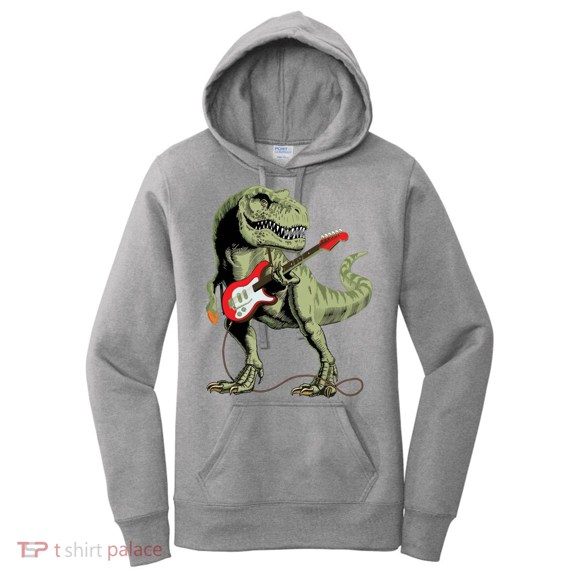 Cool Sarcastic Illustration TRex Dinosaur Playing Guitar Women's Hoodie