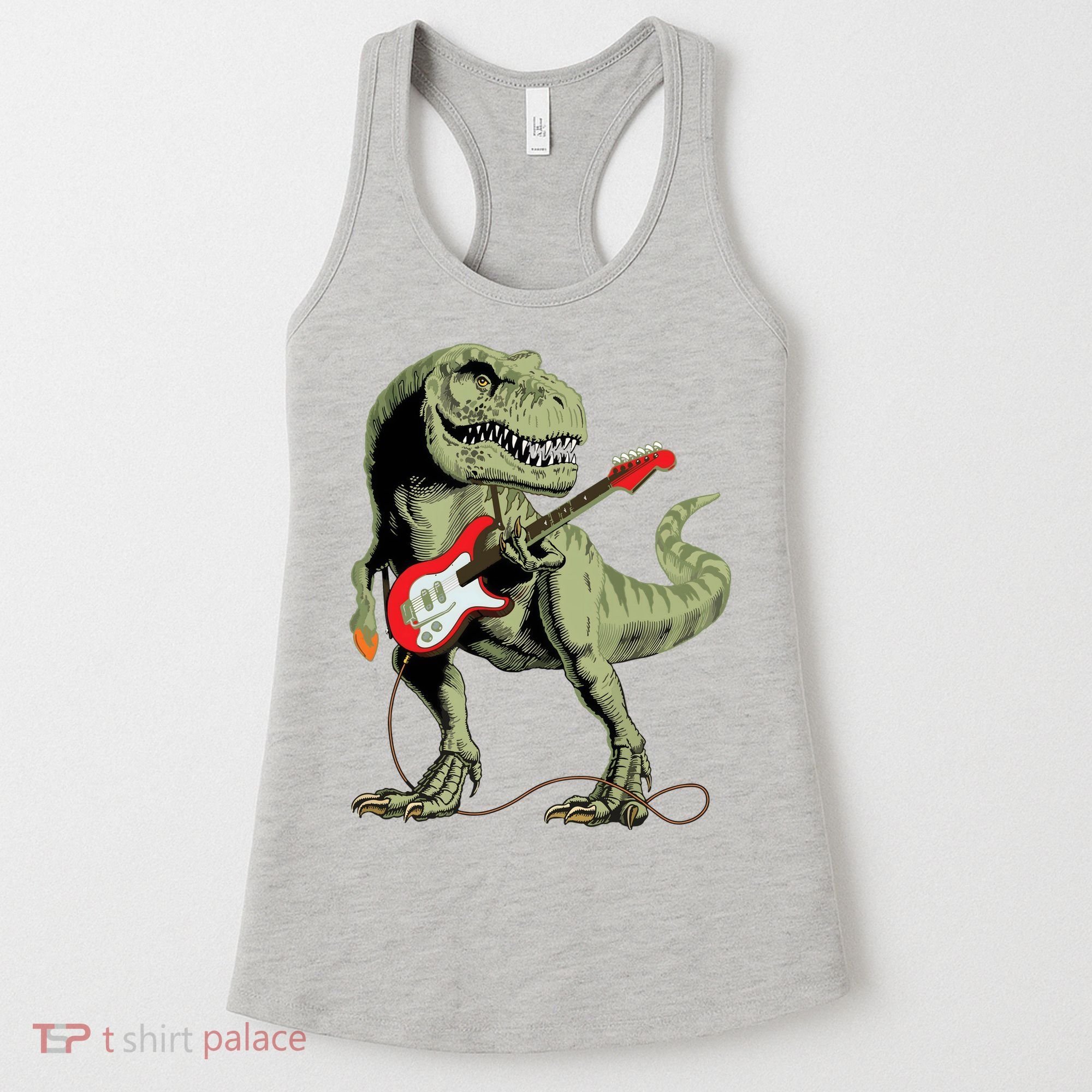 Cool Sarcastic Illustration TRex Dinosaur Playing Guitar Women's Tank Top
