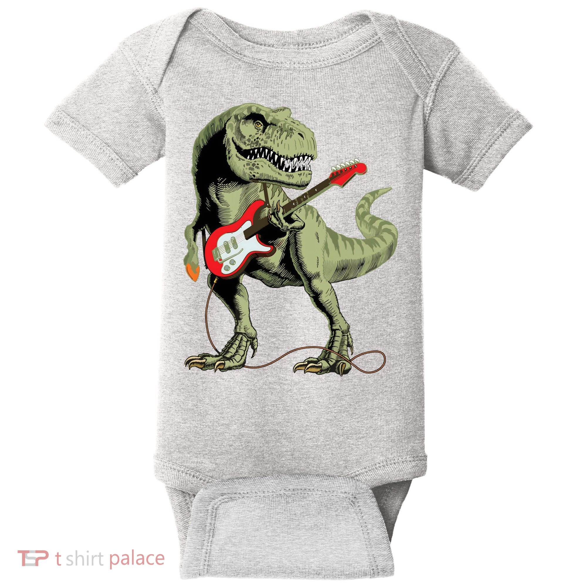 Cool Sarcastic Illustration TRex Dinosaur Playing Guitar Baby Bodysuit