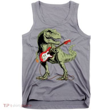 Cool Sarcastic Illustration TRex Dinosaur Playing Guitar Tank Top