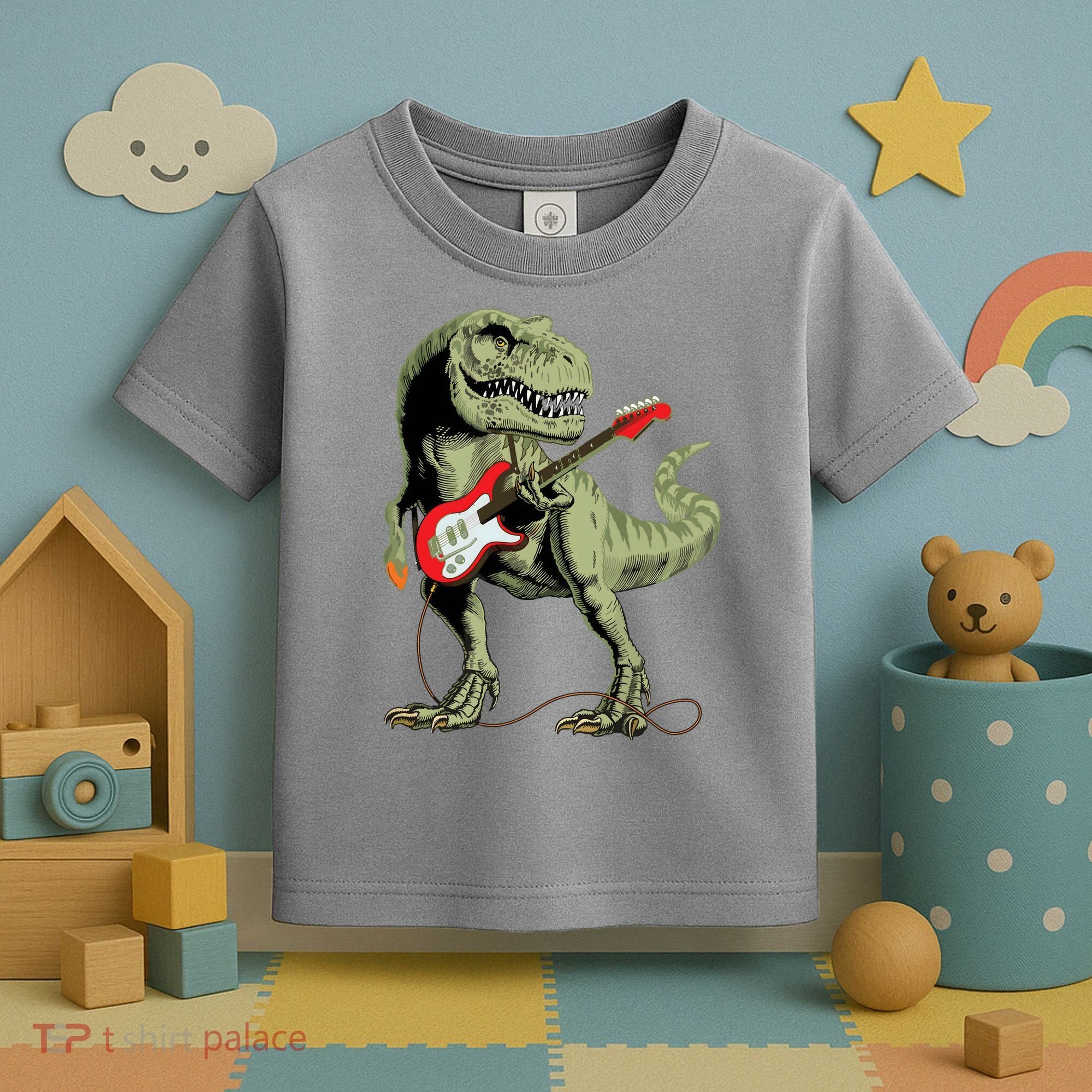 Cool Sarcastic Illustration TRex Dinosaur Playing Guitar Toddler T-Shirt