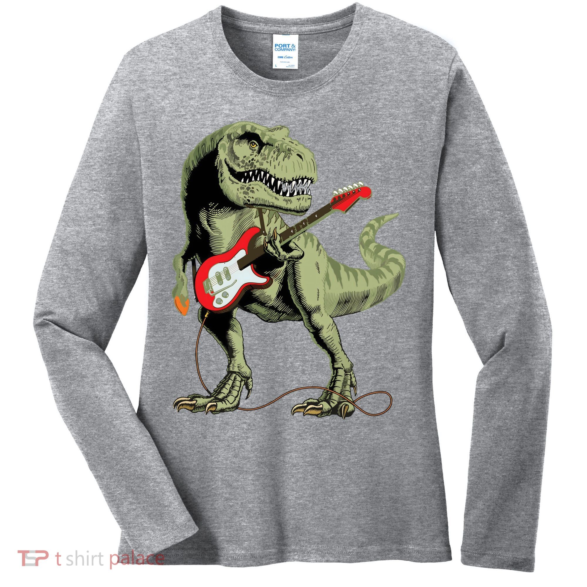 Cool Sarcastic Illustration TRex Dinosaur Playing Guitar Women's Long Sleeve Shirt