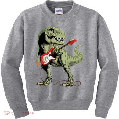 Cool Sarcastic Illustration TRex Dinosaur Playing Guitar Kids Sweatshirt