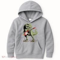 Cool Sarcastic Illustration TRex Dinosaur Playing Guitar Kids Hoodie thumb 0