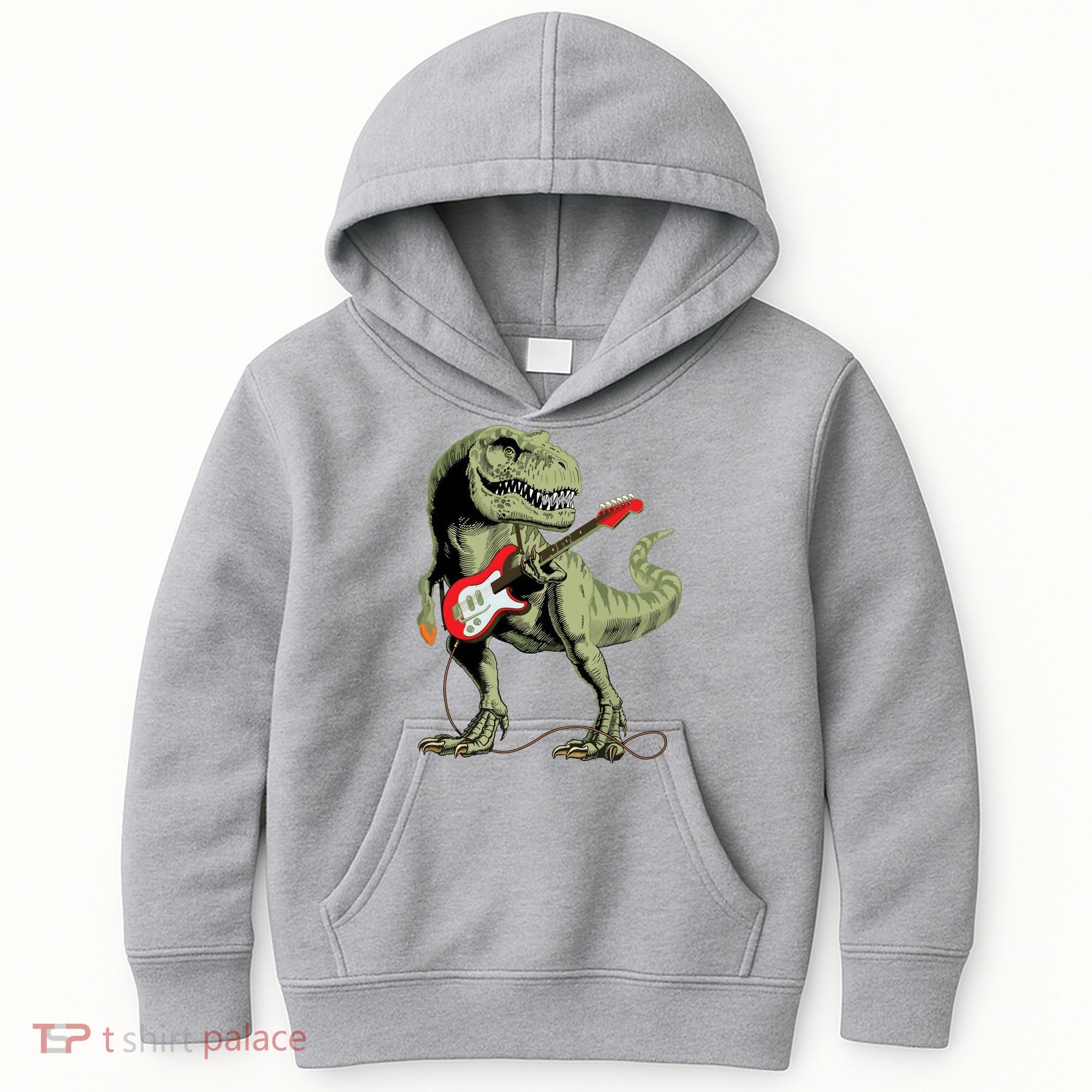 Cool Sarcastic Illustration TRex Dinosaur Playing Guitar Kids Hoodie