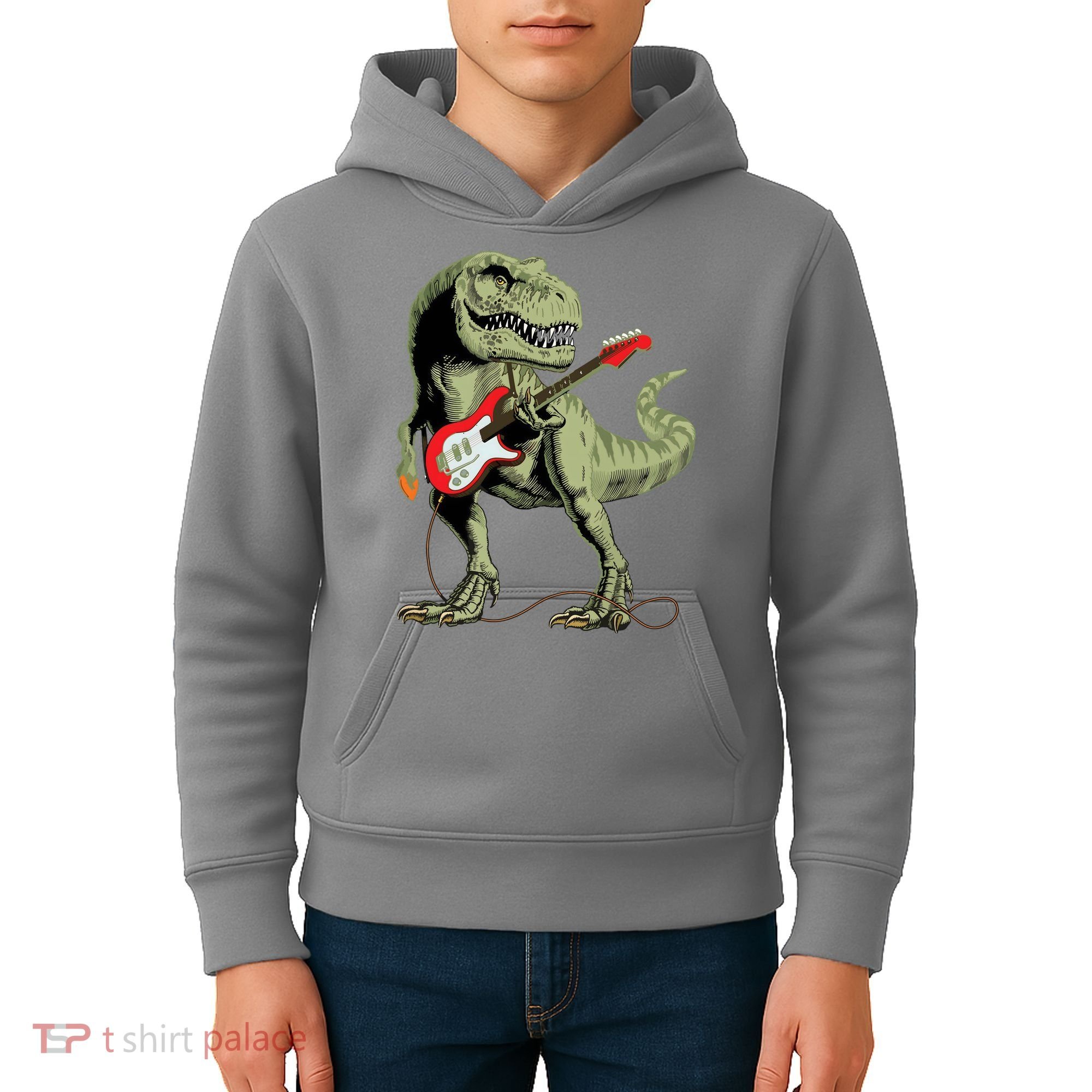 Cool Sarcastic Illustration TRex Dinosaur Playing Guitar Kids Hoodie