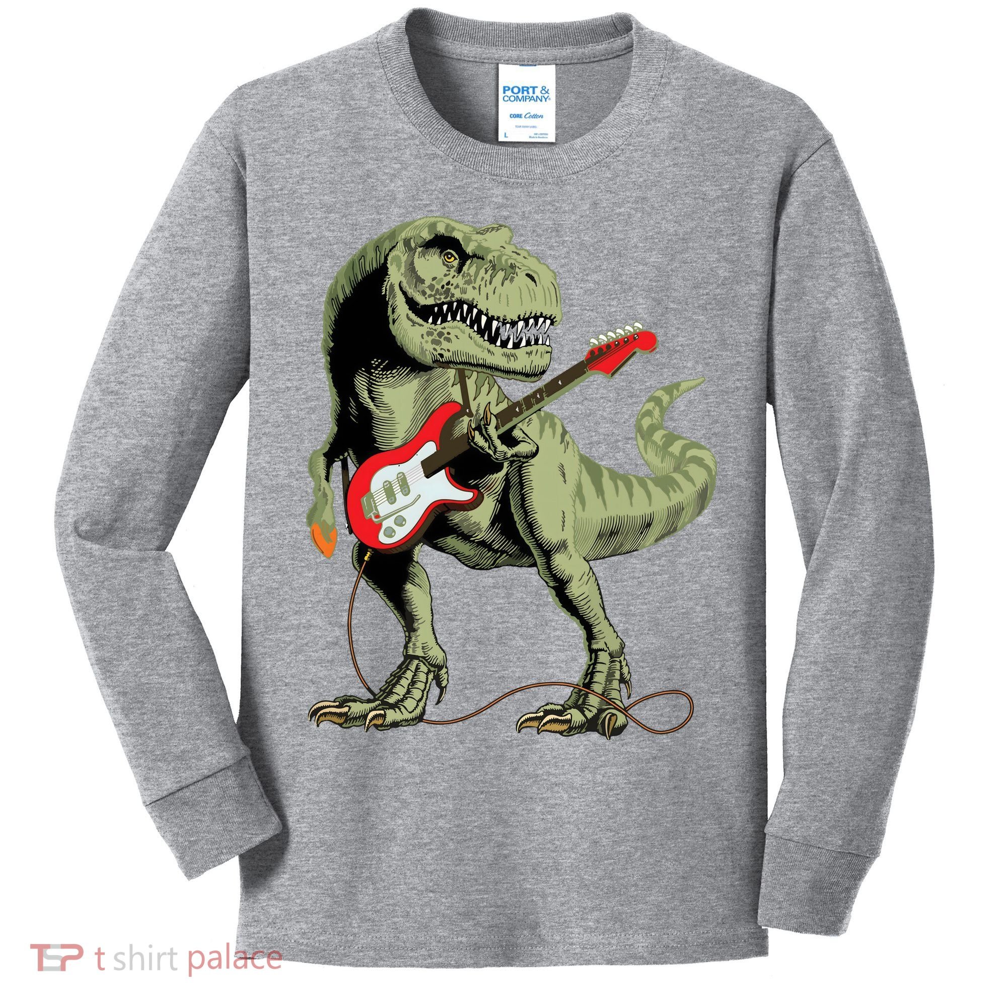 Cool Sarcastic Illustration TRex Dinosaur Playing Guitar Kids Long Sleeve Shirt