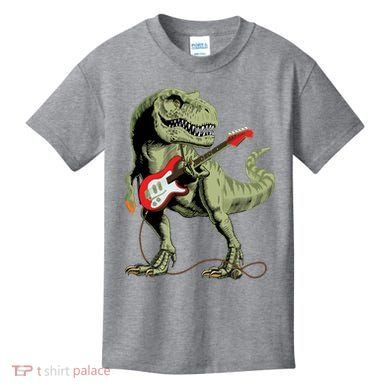 Cool Sarcastic Illustration TRex Dinosaur Playing Guitar Kids T-Shirt