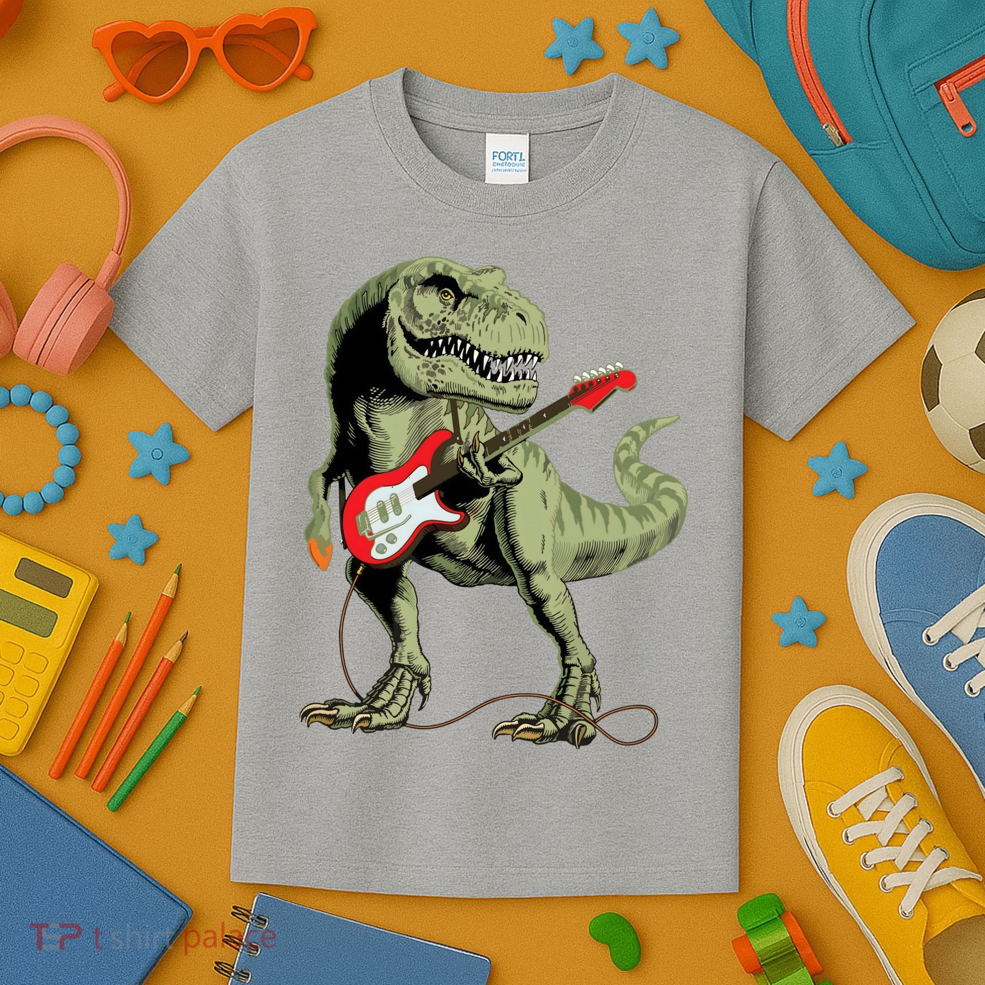 Cool Sarcastic Illustration TRex Dinosaur Playing Guitar Kids T-Shirt