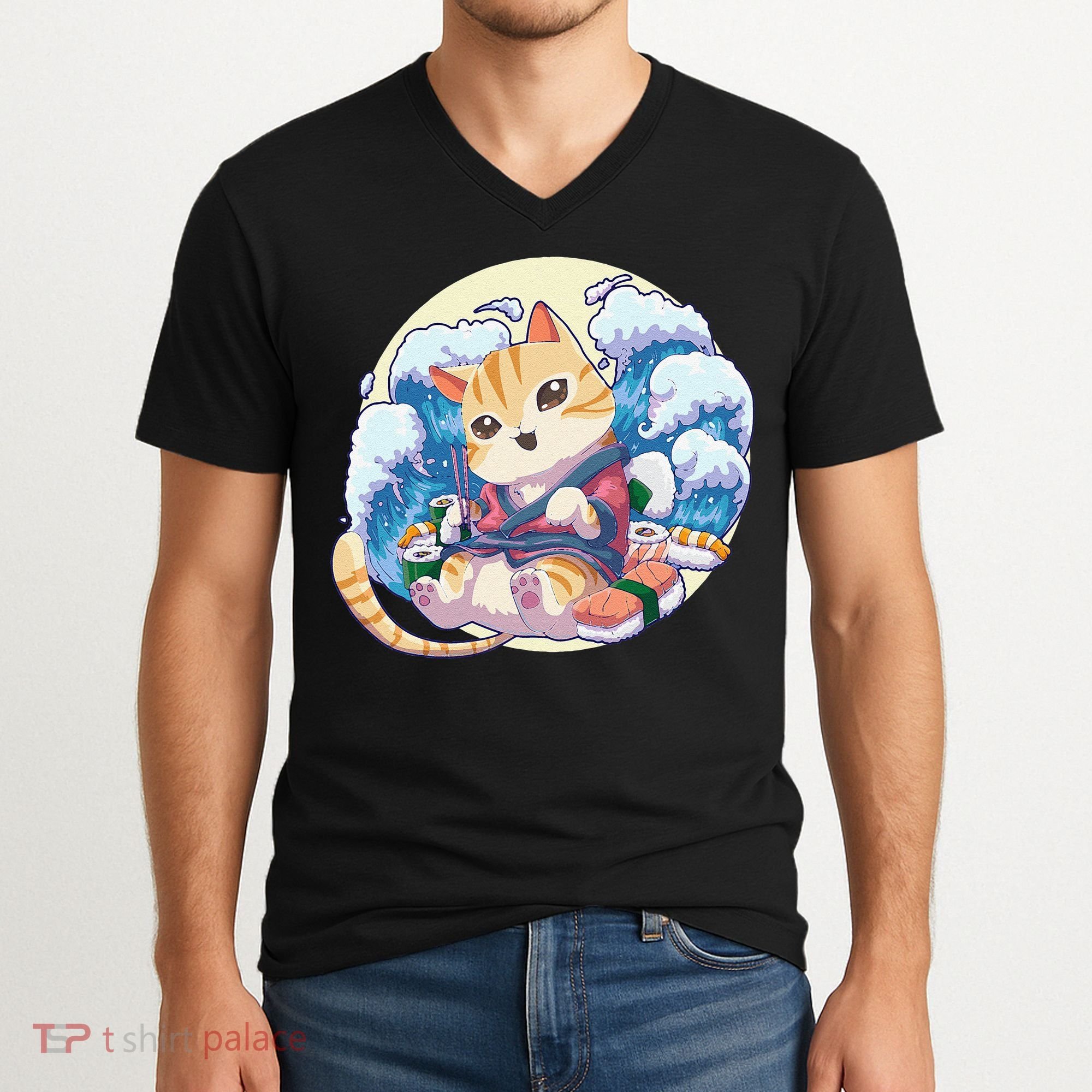 Cat Sushi Japanese Anime Kawaii Neko V-Neck T-Shirt