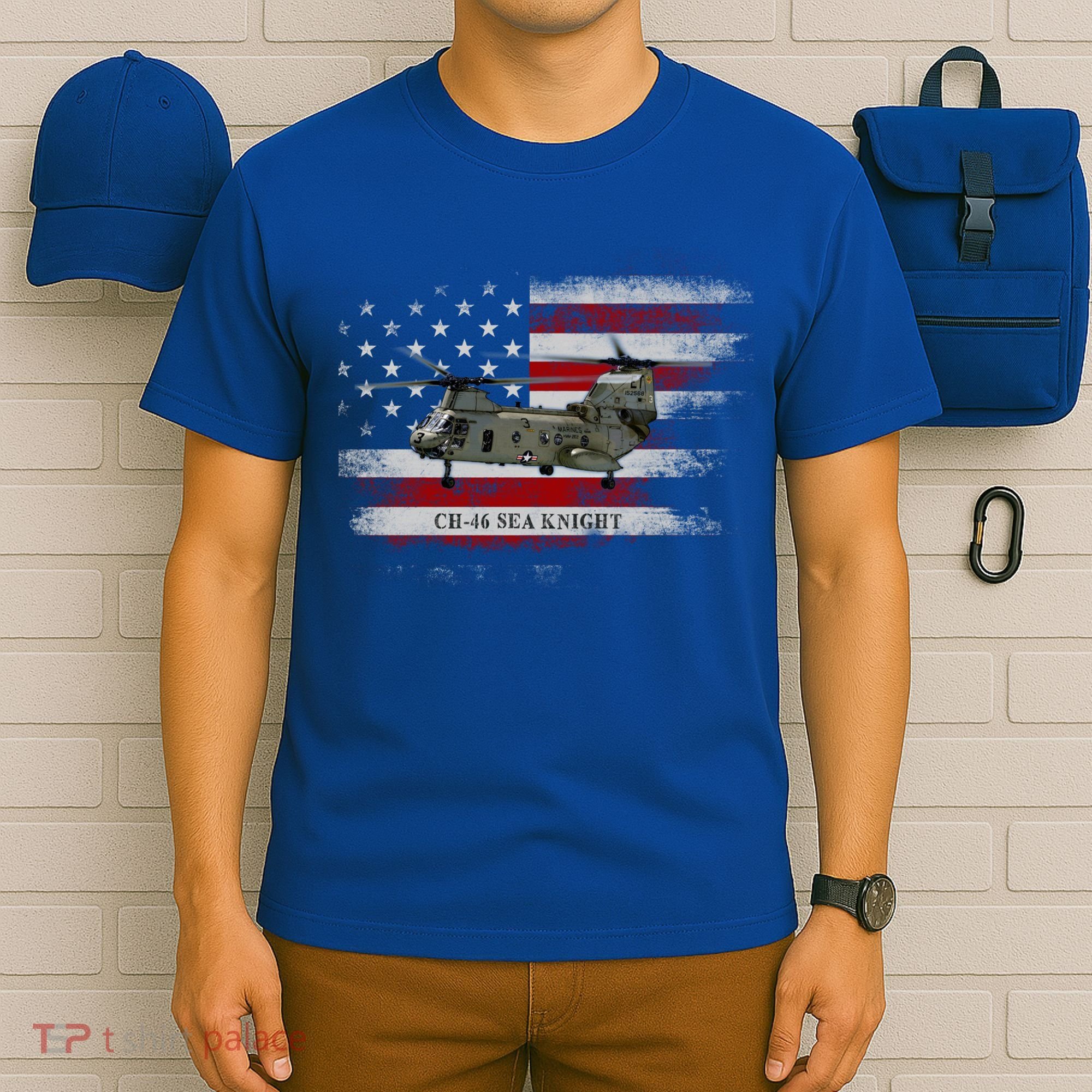 Ch46 Sea Knight Helicopter Usa Flag Helicopter Pilot Funny Gift T-Shirt