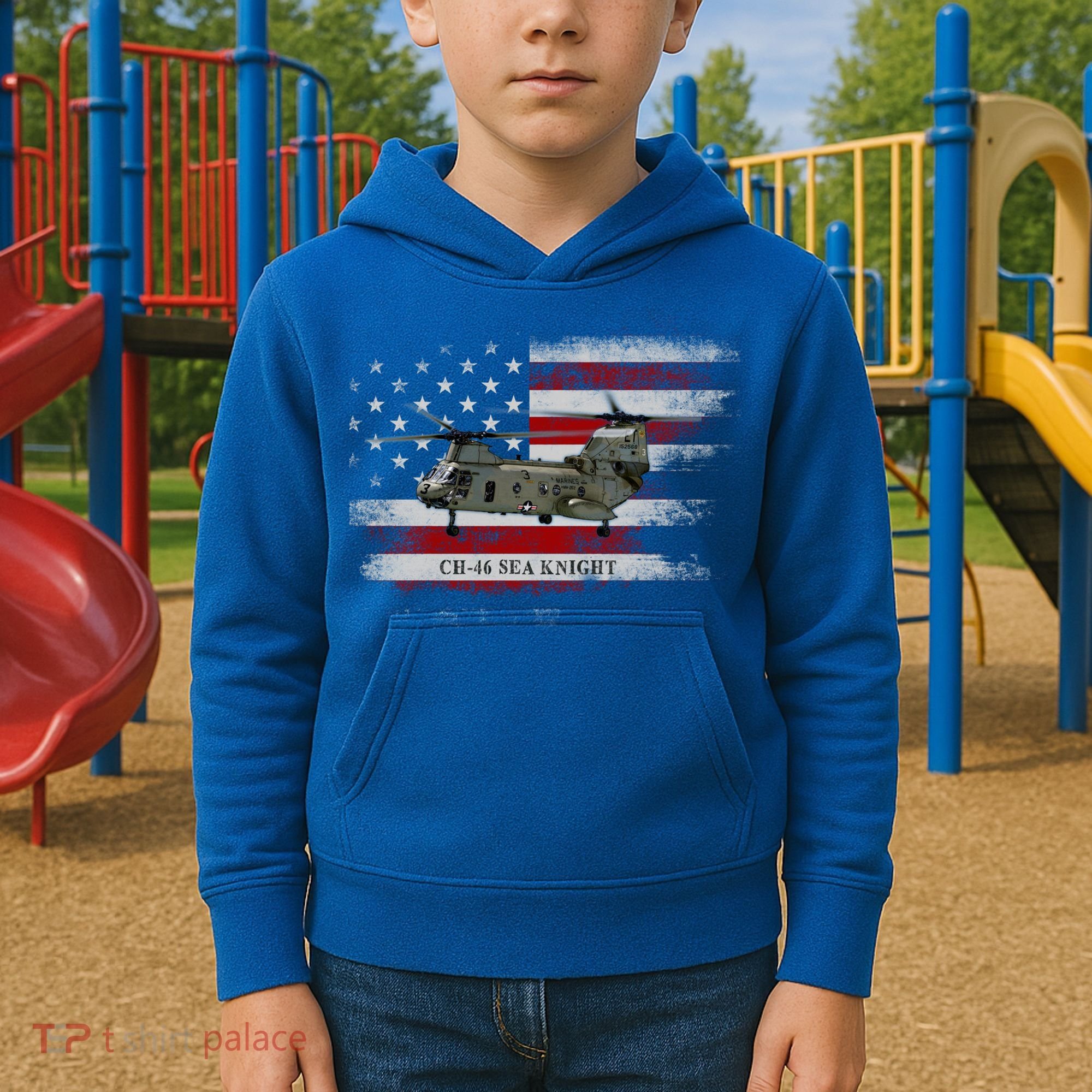 Ch46 Sea Knight Helicopter Usa Flag Helicopter Pilot Funny Gift Kids Hoodie
