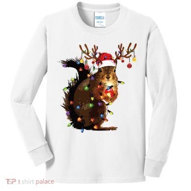 Christmas Squirrel Lights Kids Long Sleeve Shirt