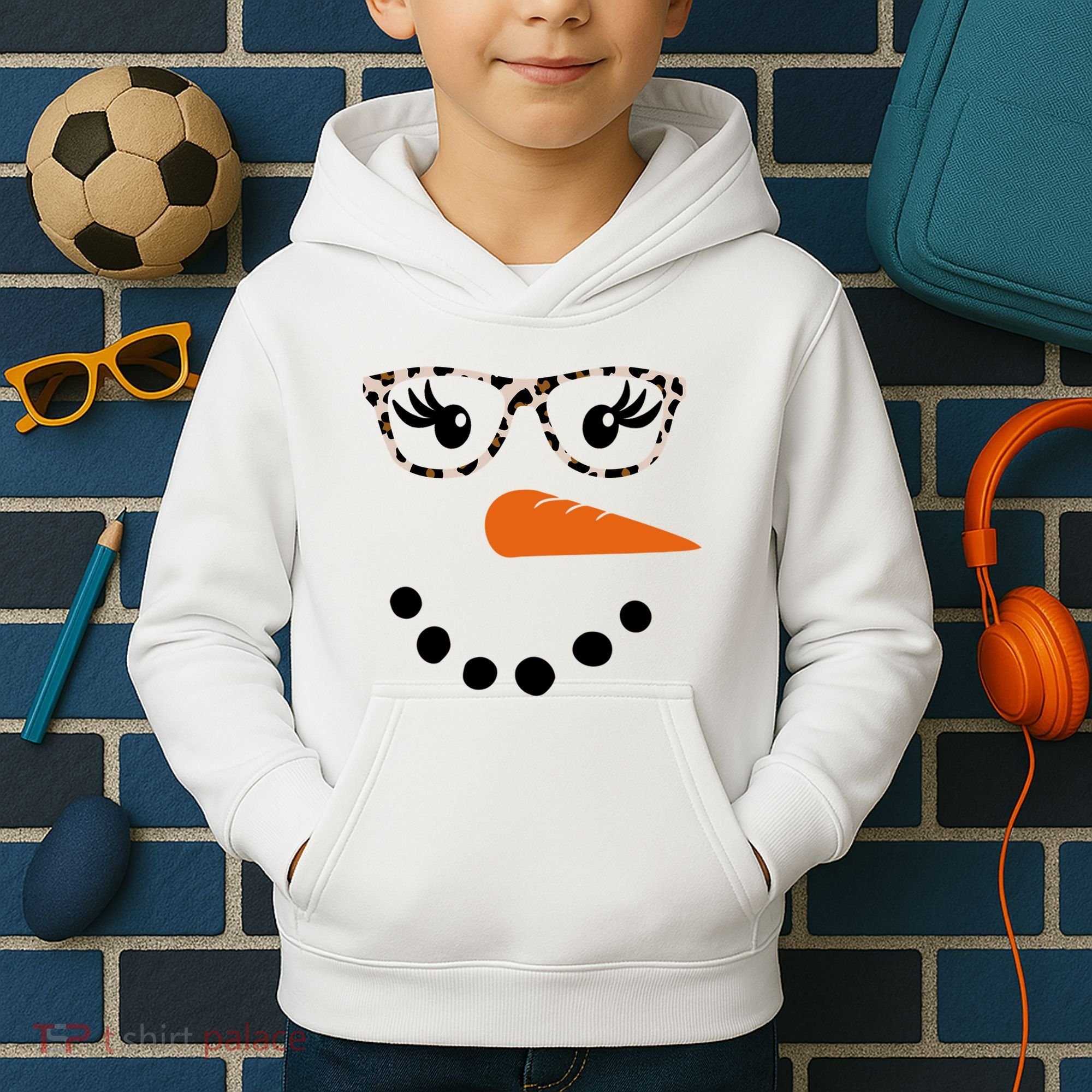 Cute Snowman Leopard Face Lady Kids Hoodie