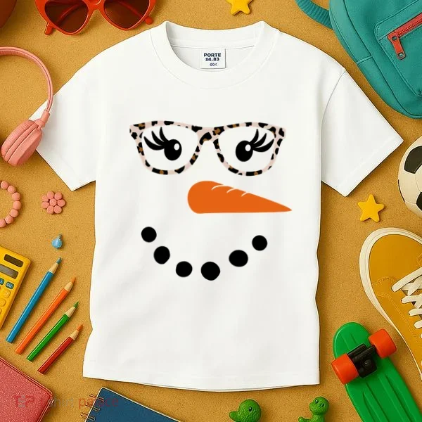 Cute Snowman Leopard Face Lady Kids T-Shirt